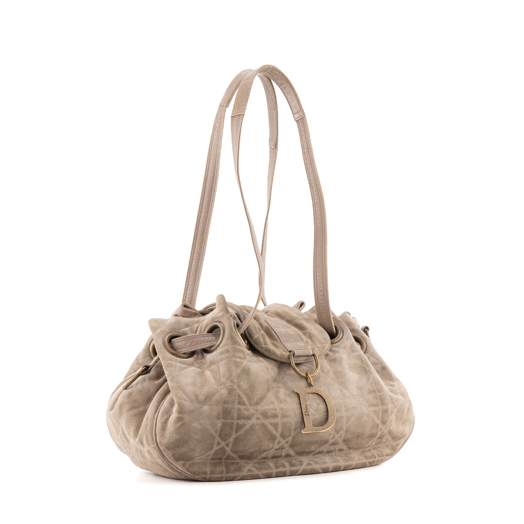 DIOR - Sac à main Drawstring Dior en daim gris vintage