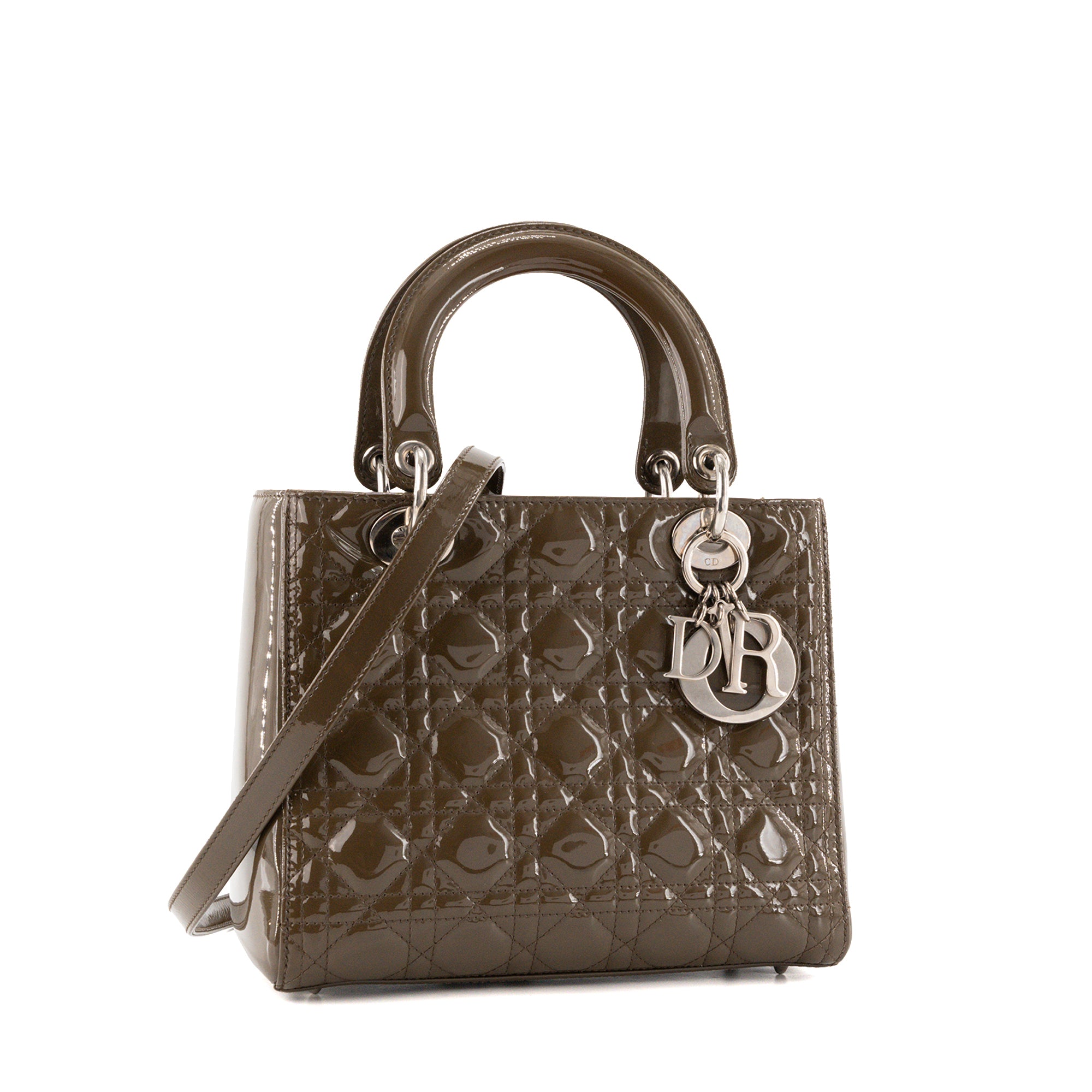 DIOR - Sac à main Lady Dior medium Dior en cuir verni cannage marron