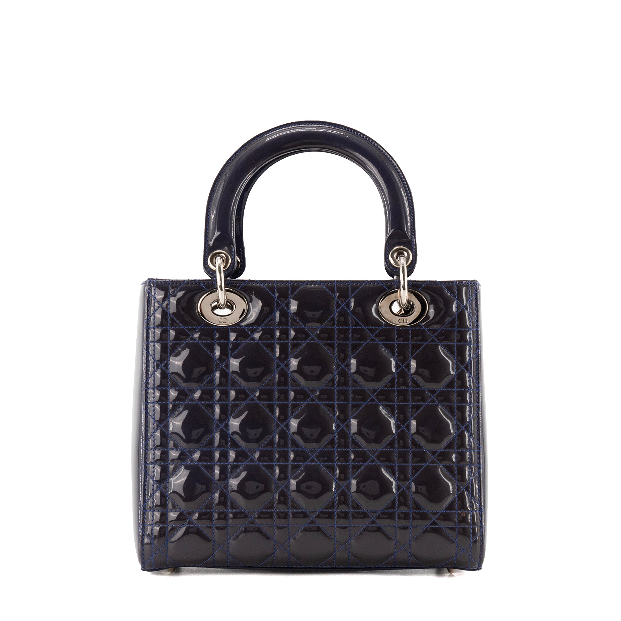 DIOR - Sac à main Lady Dior Medium en cuir cannage verni bleu marine