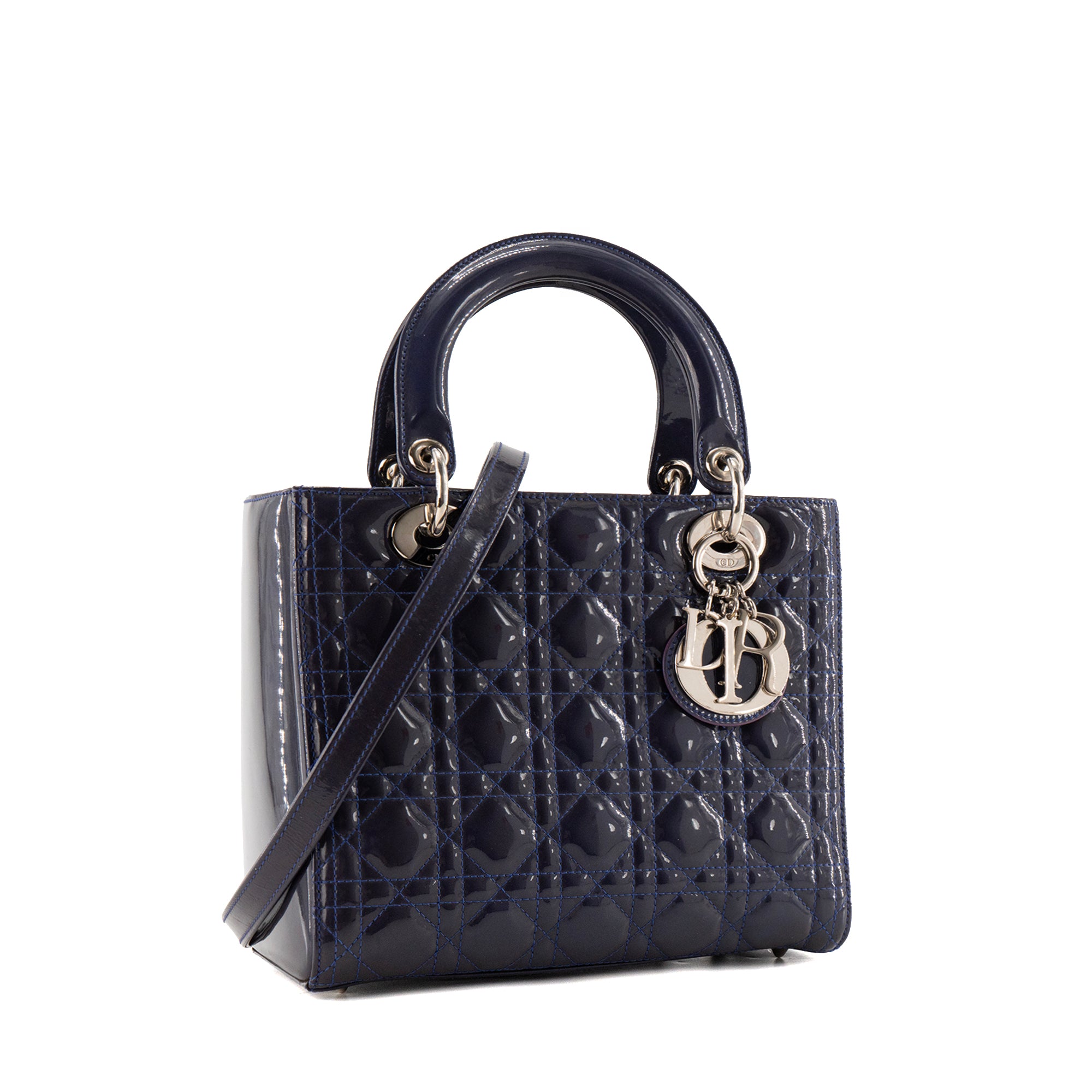 DIOR - Sac à main Lady Dior Medium en cuir cannage verni bleu marine