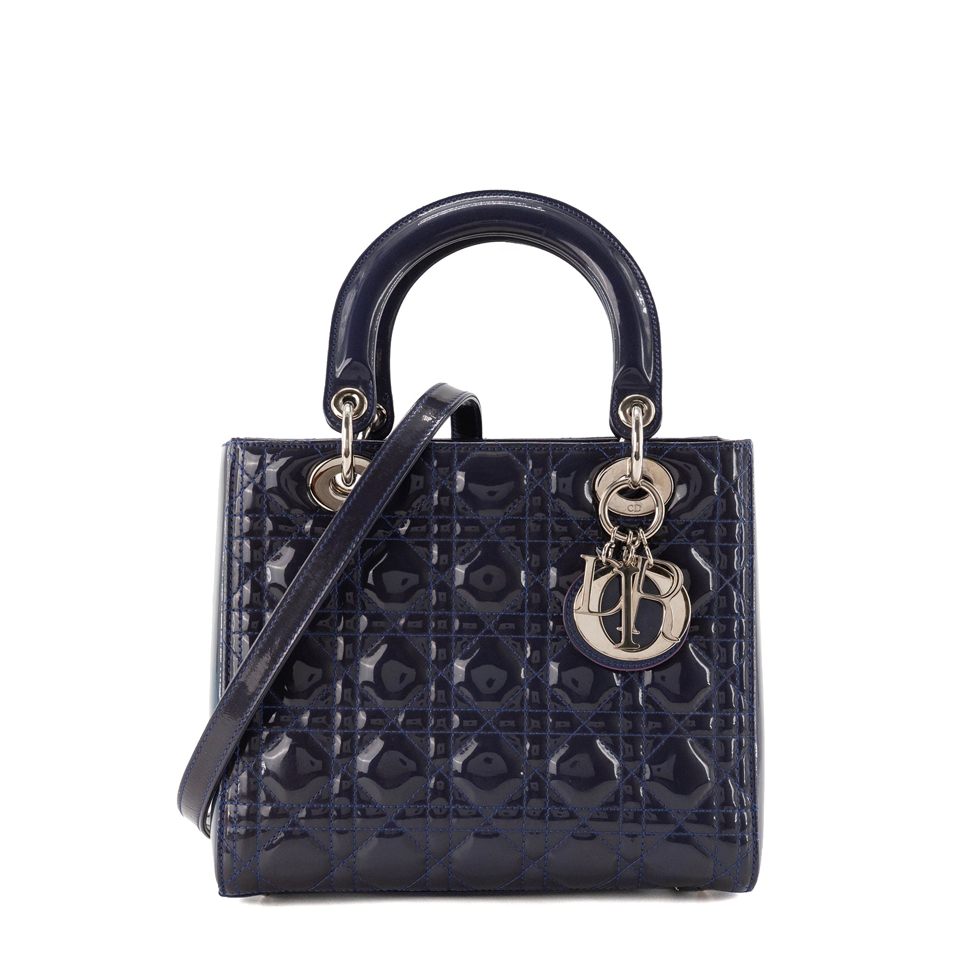 DIOR - Sac à main Lady Dior Medium en cuir cannage verni bleu marine