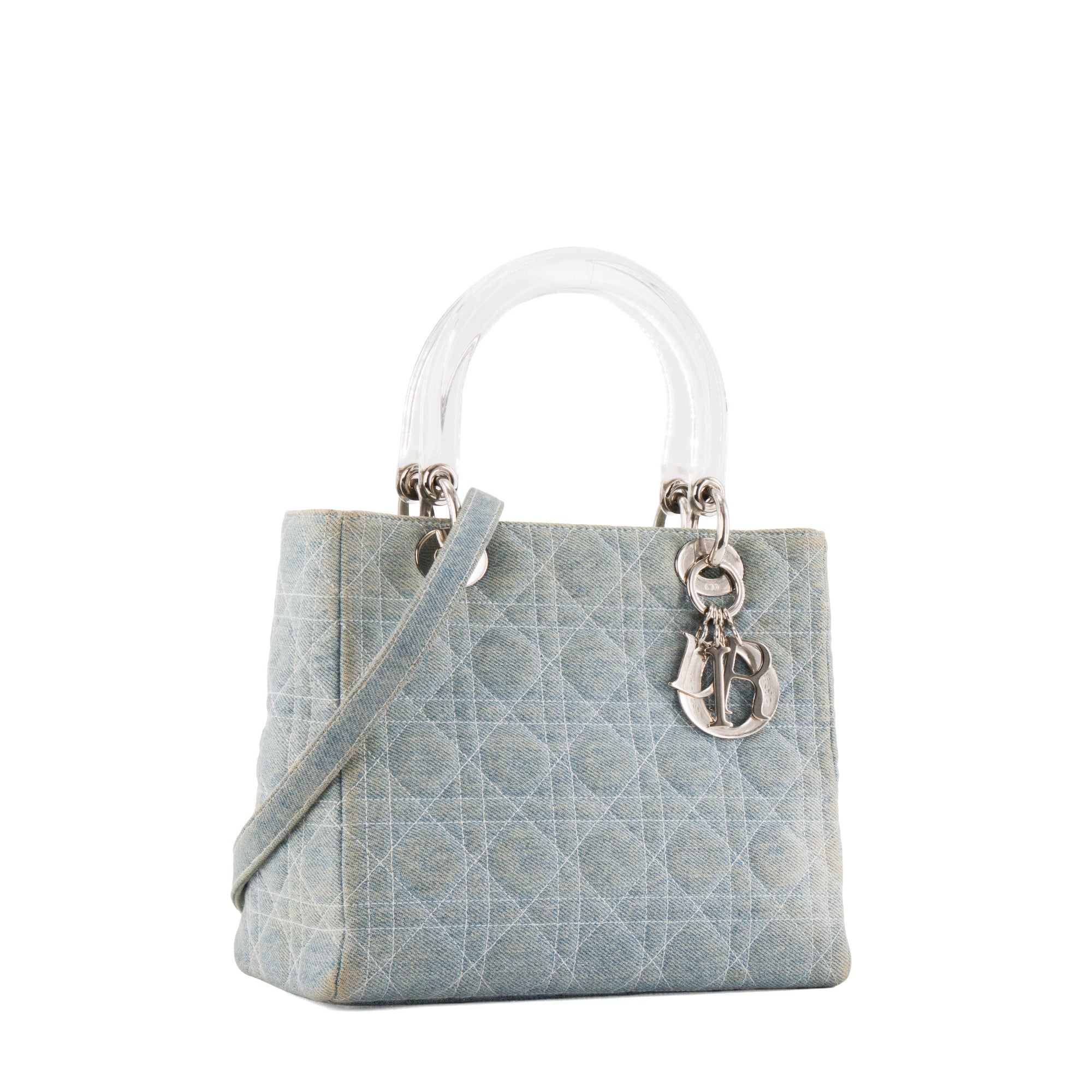 DIOR - Sac à main Lady Dior Medium en denim cannage bleu clair vintage