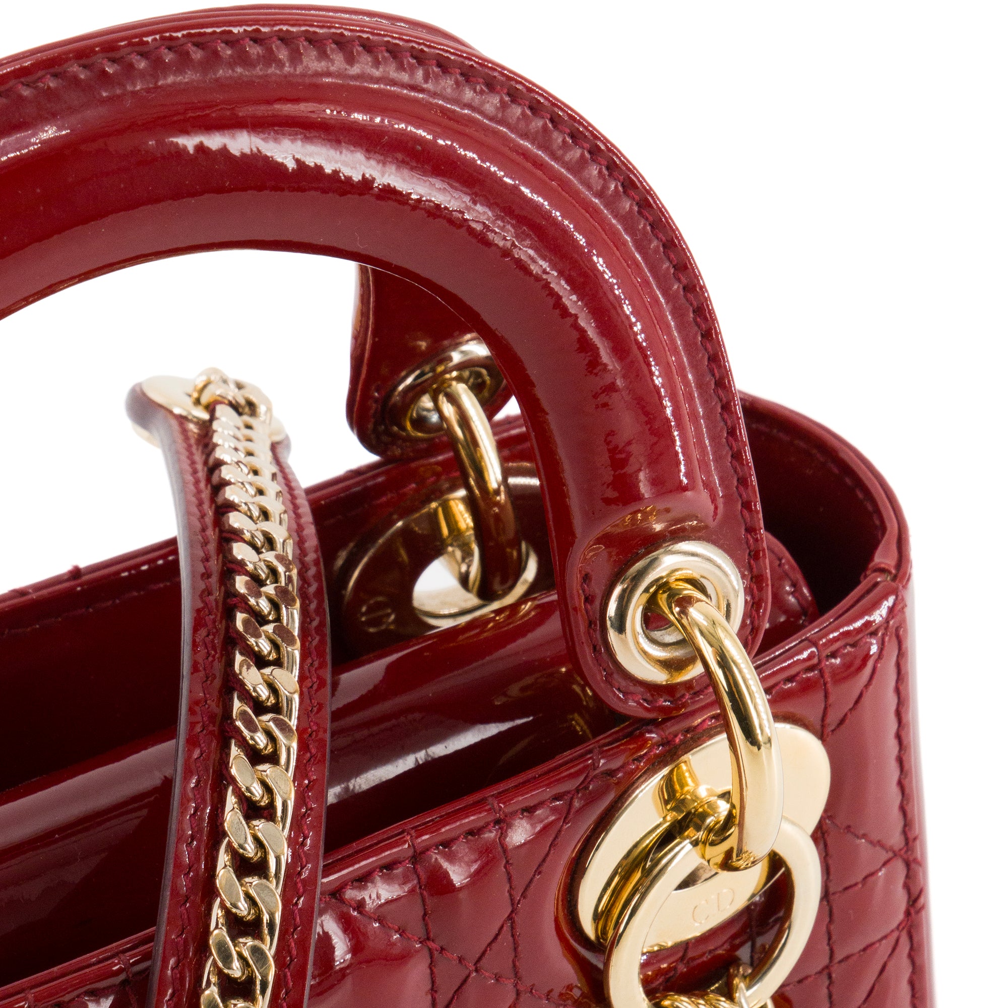 DIOR - Sac à main Lady Dior mini Dior en cuir verni rouge bordeaux