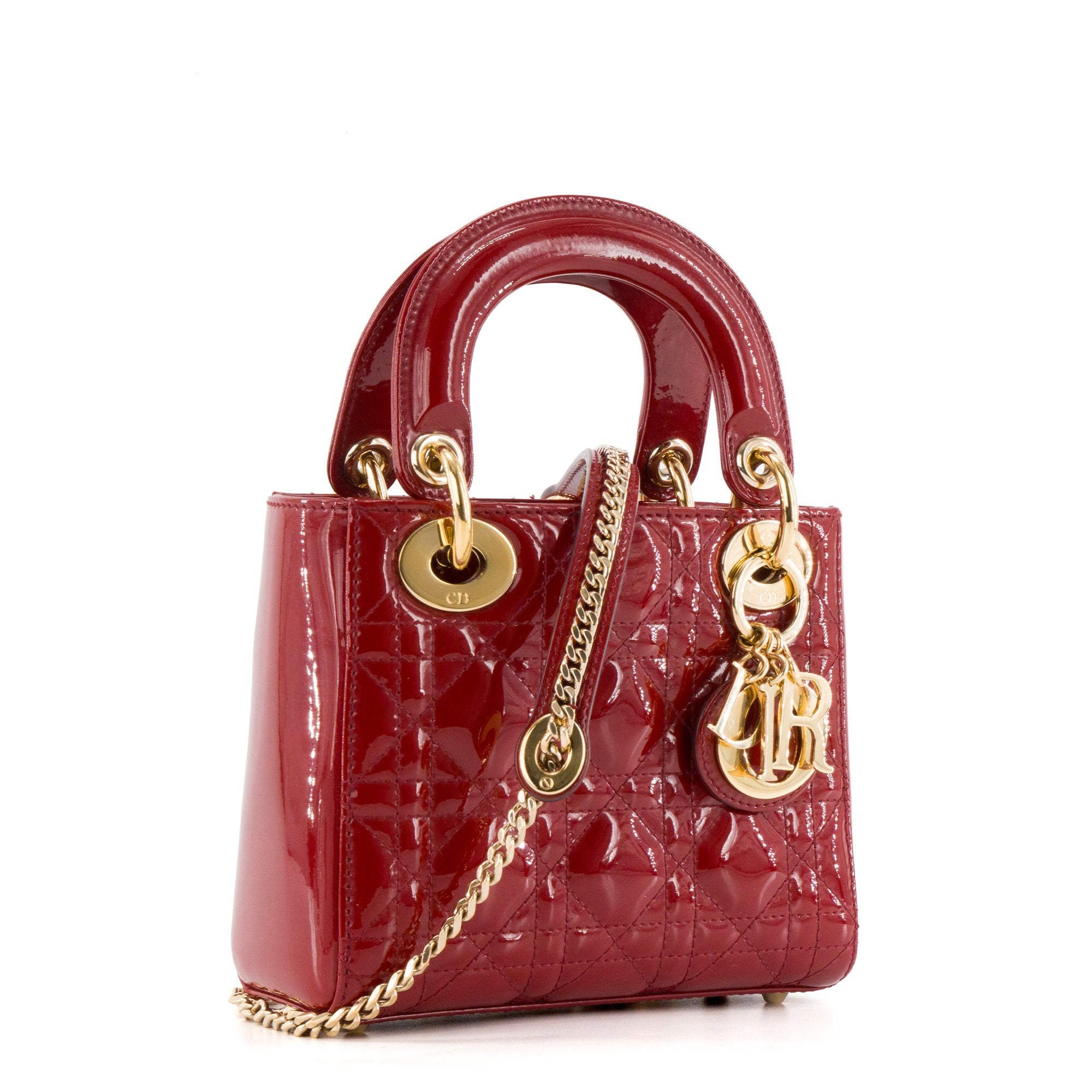 DIOR - Sac à main Lady Dior mini Dior en cuir verni rouge bordeaux