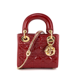 DIOR - Sac à main Lady Dior mini Dior en cuir verni rouge bordeaux