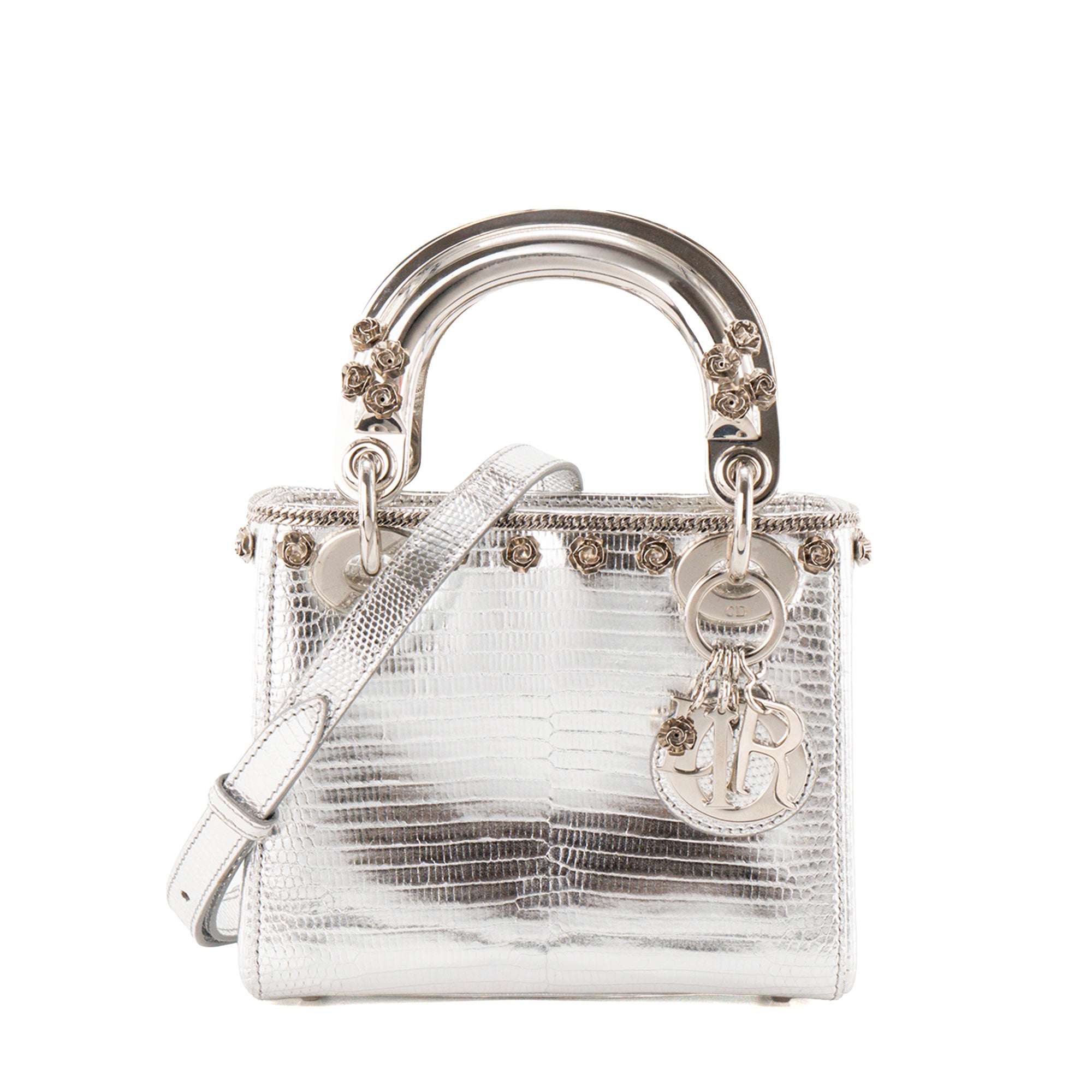 DIOR - Sac à bandoulière Lady Dior Mini en cuir exotique lézard argenté édition limitée