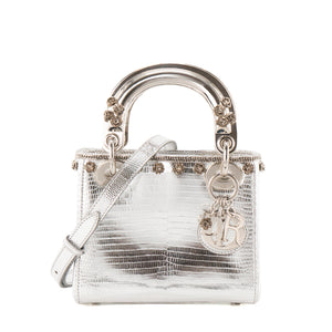DIOR - Sac à bandoulière Lady Dior Mini en cuir exotique lézard argenté édition limitée