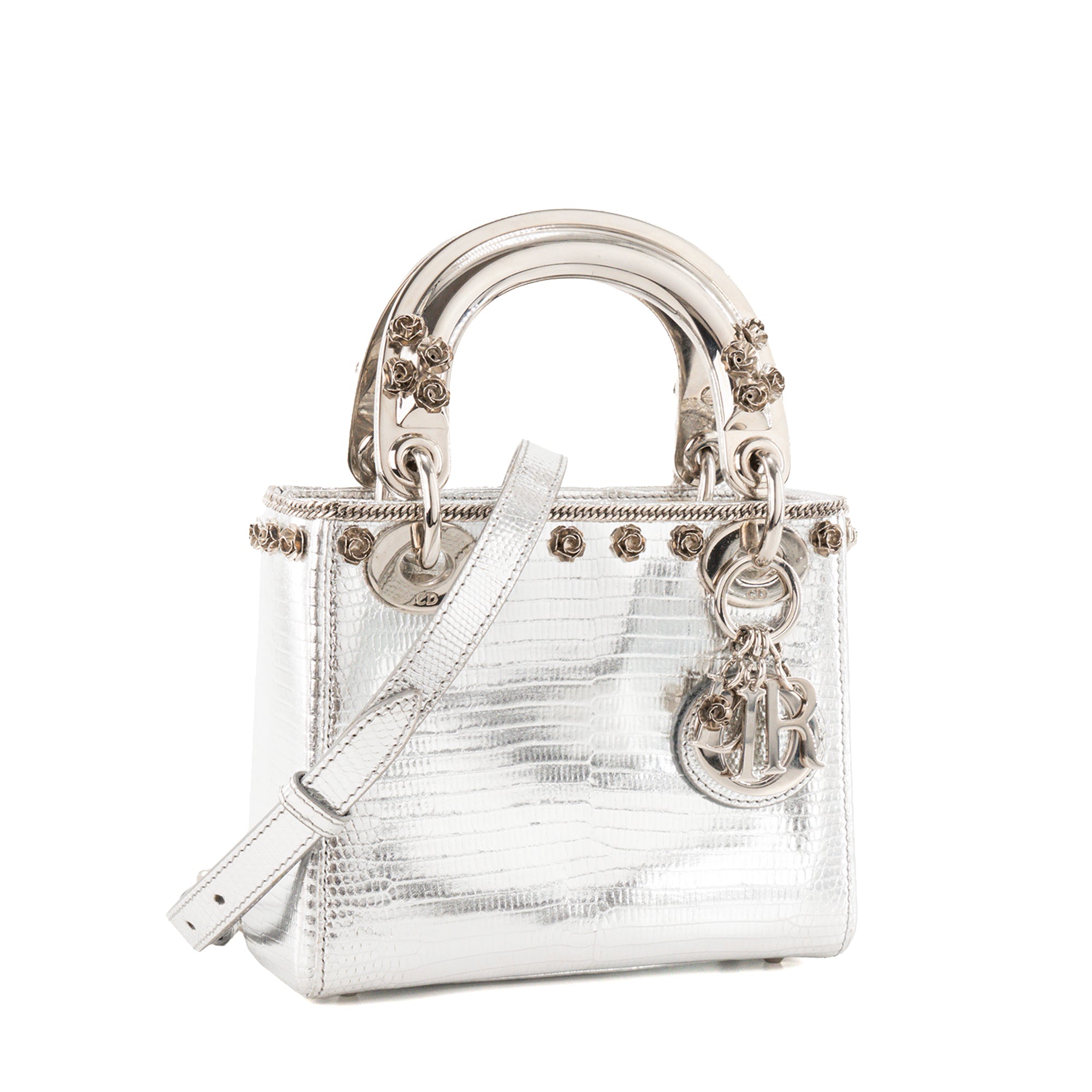 DIOR - Sac à bandoulière Lady Dior Mini en cuir exotique lézard argenté édition limitée