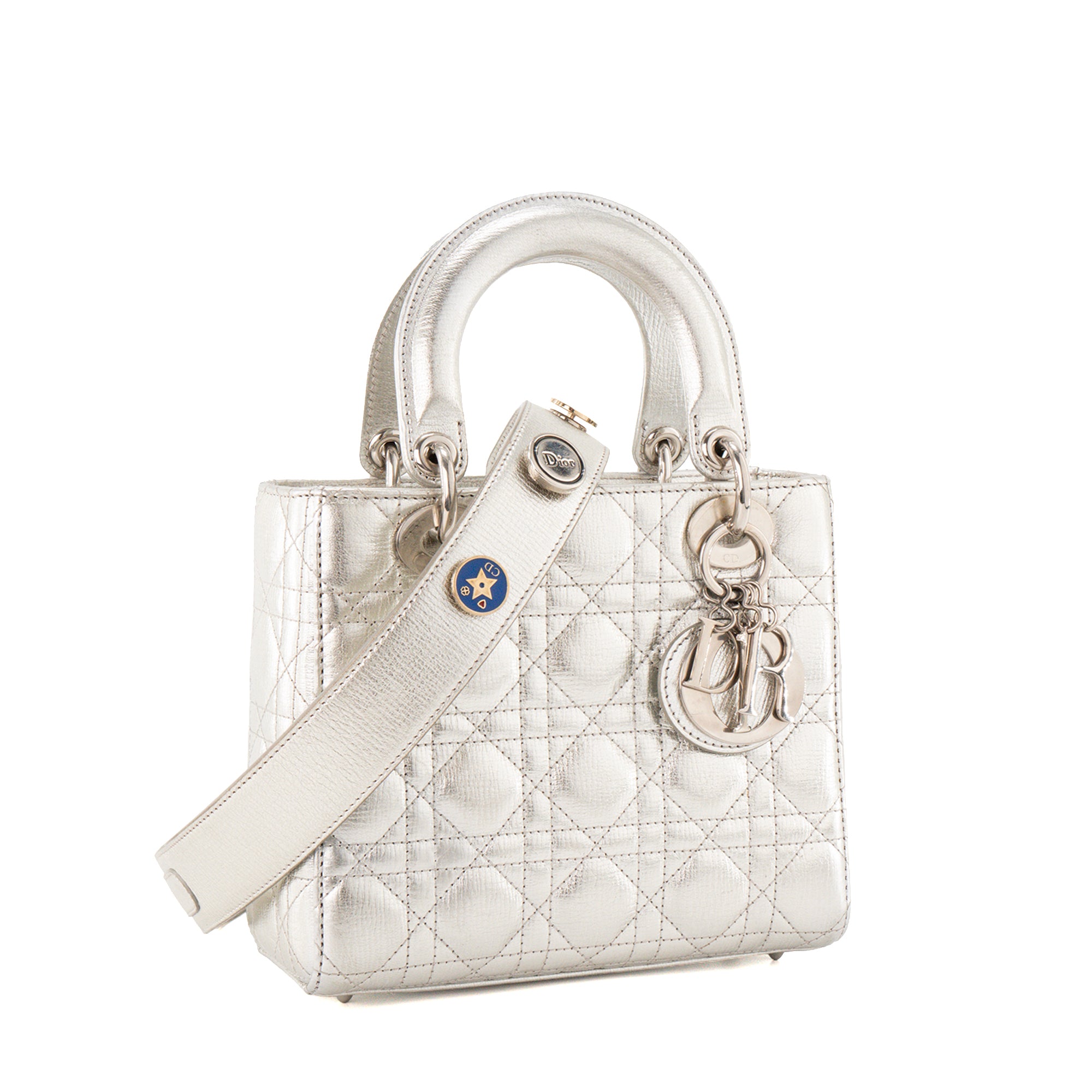 DIOR - Sac à bandoulière Lady Dior small en cuir froissé argenté édition limitée