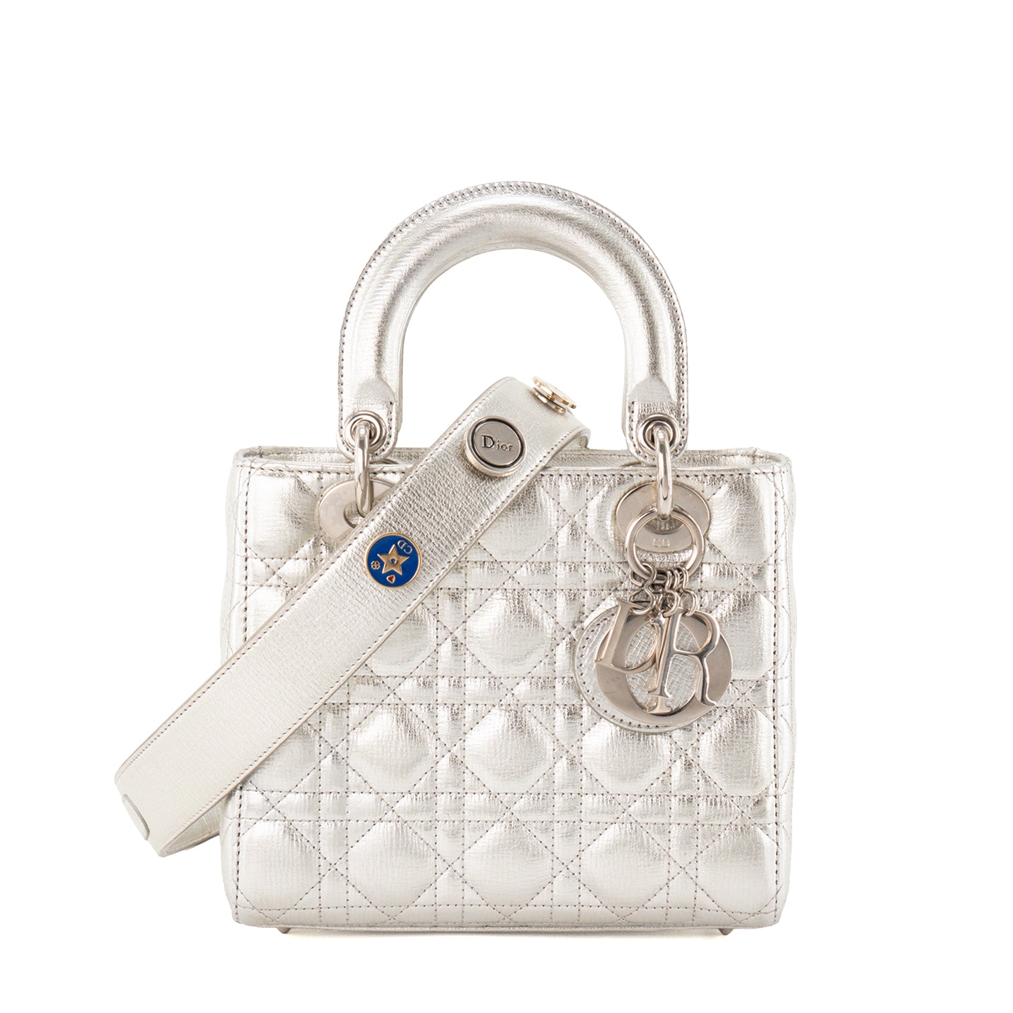 DIOR - Sac à bandoulière Lady Dior small en cuir froissé argenté édition limitée