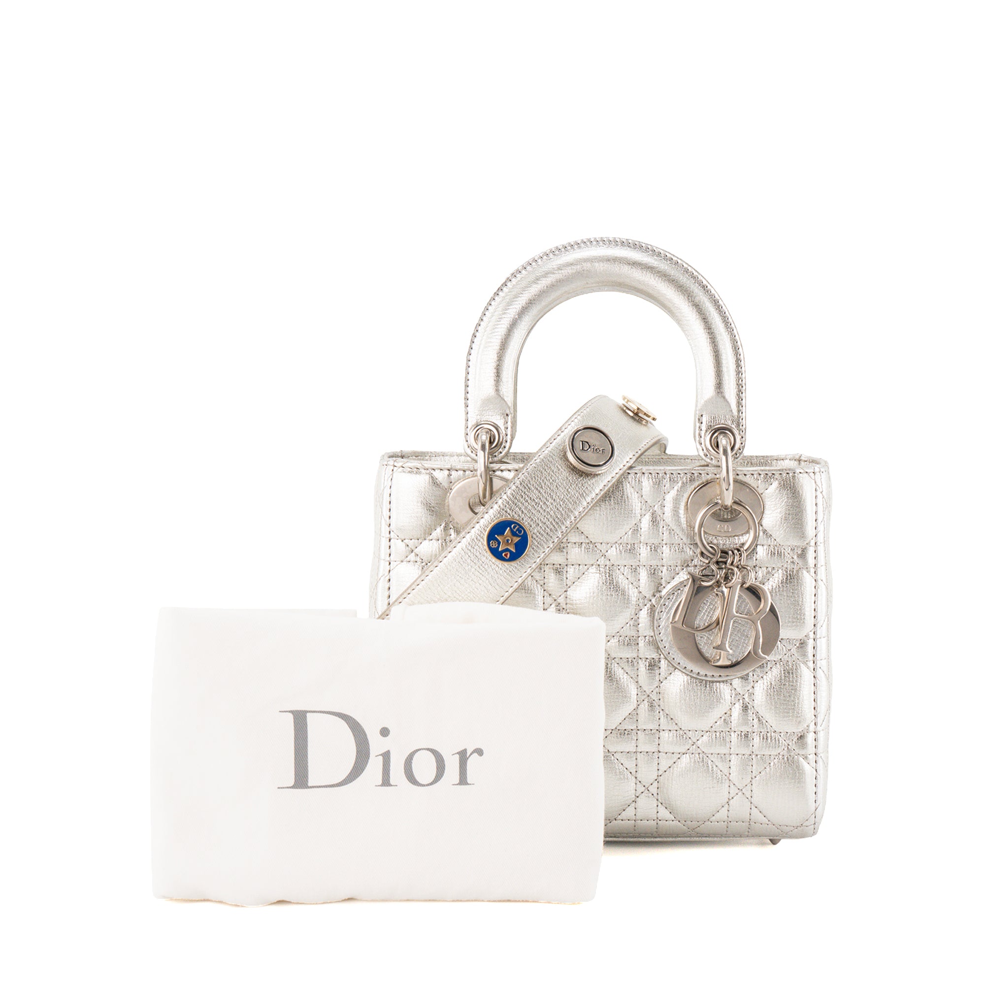 DIOR - Sac à bandoulière Lady Dior small en cuir froissé argenté édition limitée