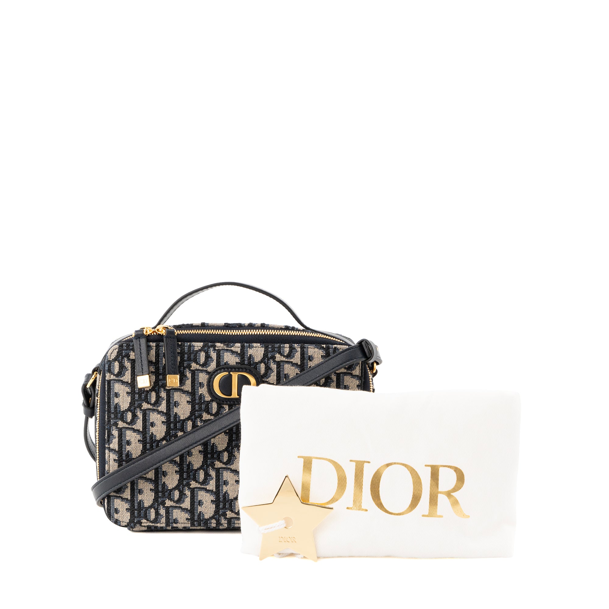 DIOR - Sac à bandoulière 30 Montaigne Pouch Dior en toile Dior Oblique bleu marine et beige