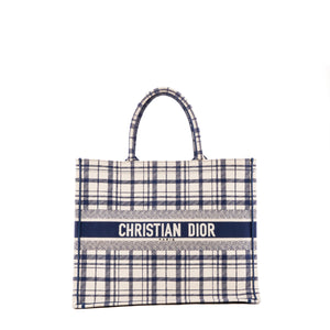 DIOR - Sac cabas Book Tote large Dior en toile tartan bleu marine et blanche