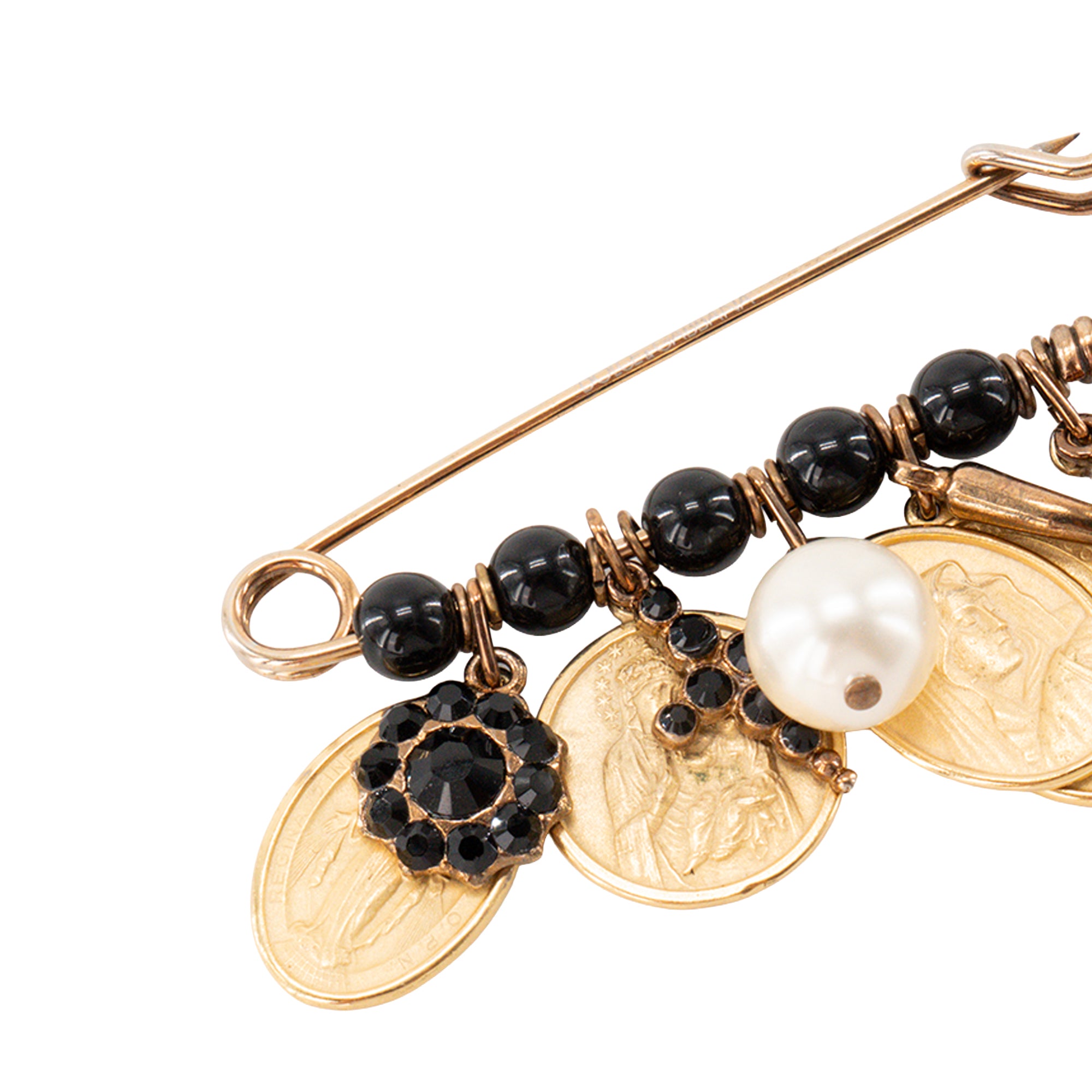 DOLCE & GABANNA - Broche Dolce & Gabbana en métal doré ornée de strass noirs et de perles