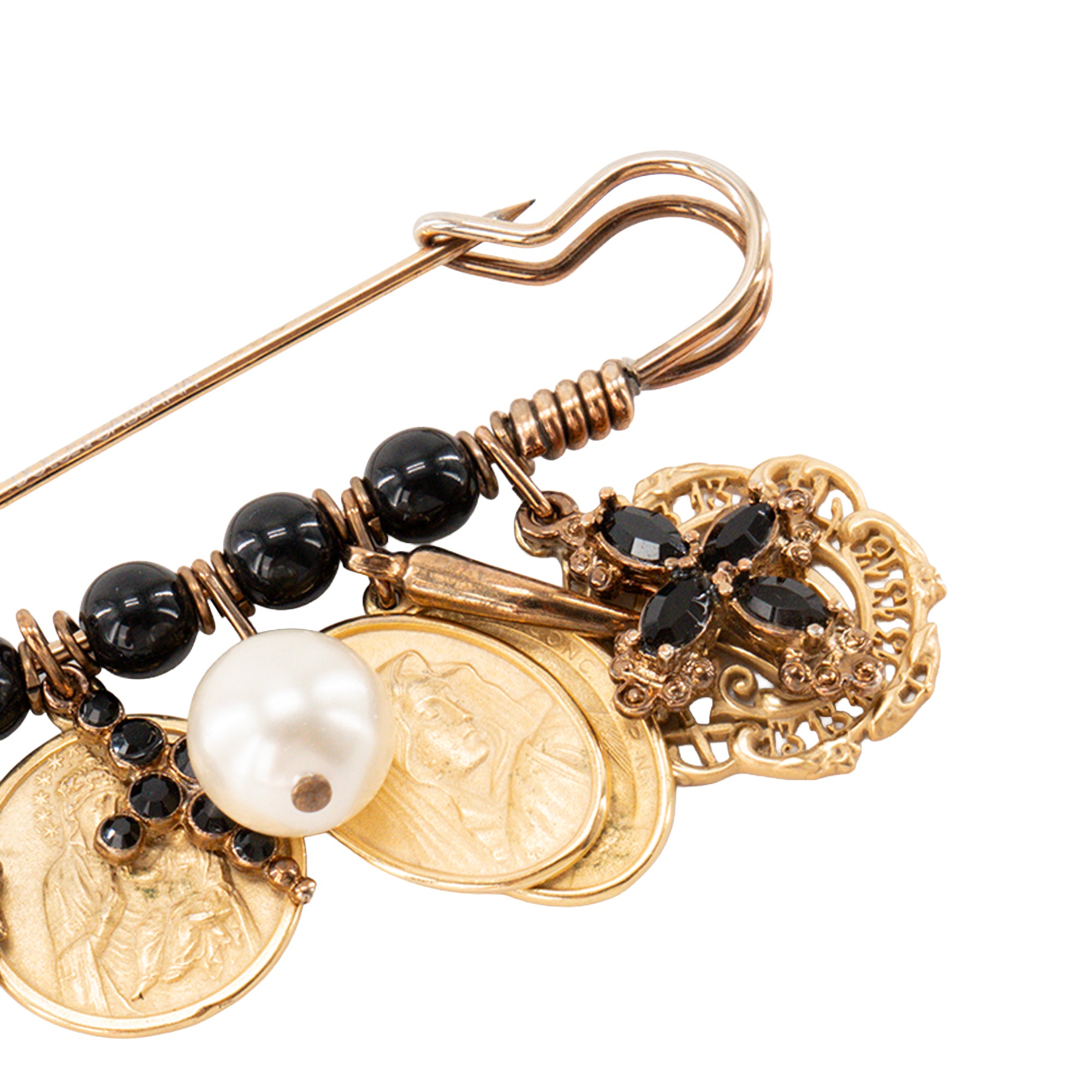 DOLCE & GABANNA - Broche Dolce & Gabbana en métal doré ornée de strass noirs et de perles