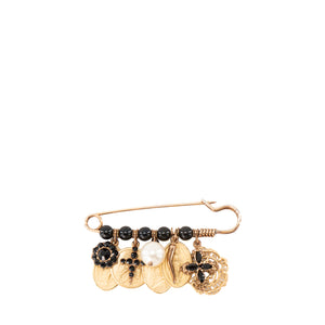DOLCE & GABANNA - Broche Dolce & Gabbana en métal doré ornée de strass noirs et de perles