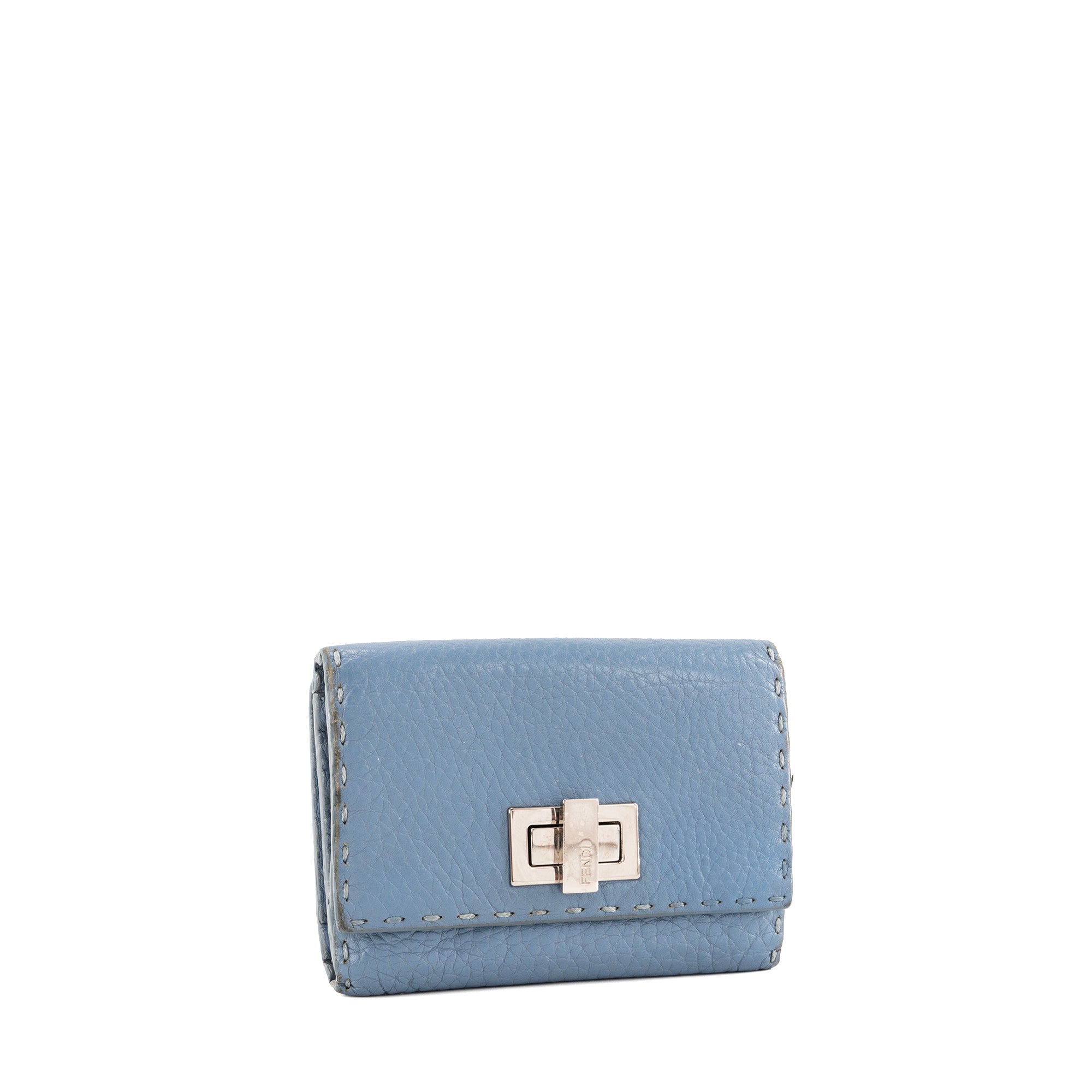 FENDI - Porte-monnaie Peekaboo Selleria Fendi en cuir grainé bleu gris