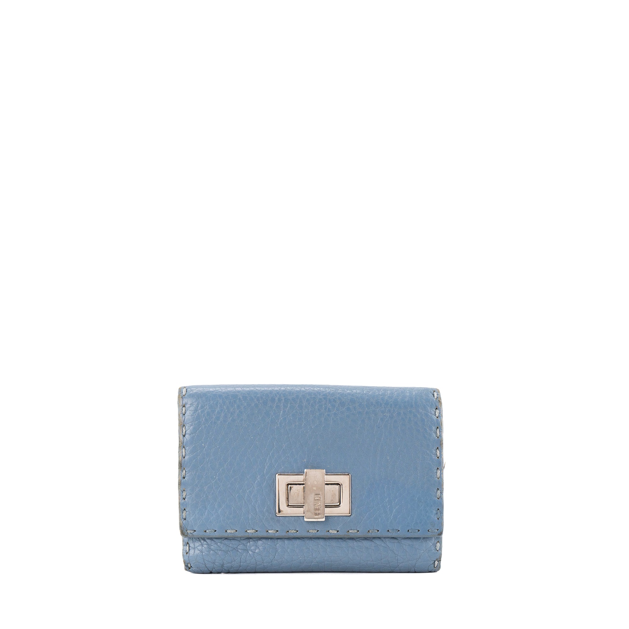 FENDI - Porte-monnaie Peekaboo Selleria Fendi en cuir grainé bleu gris