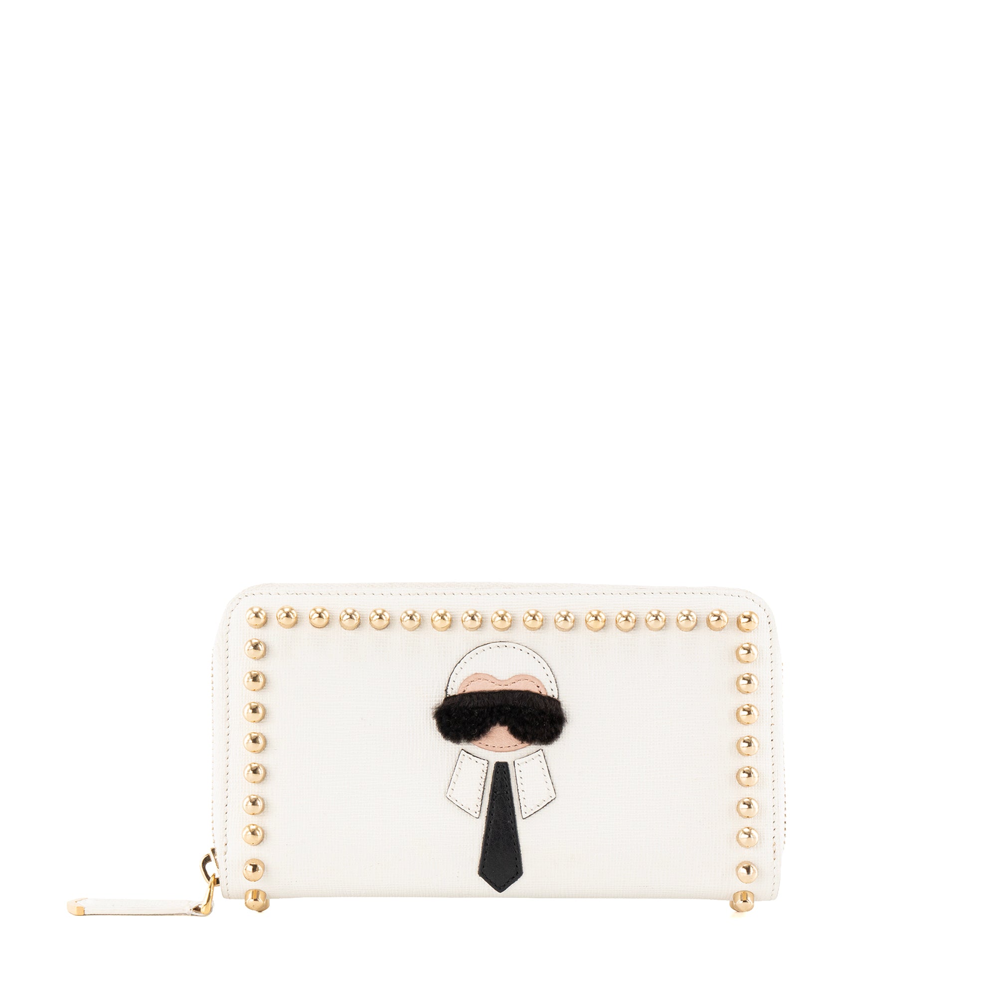 FENDI - Portefeuille Zippy Karlito Karl Lagerfeld x Fendi en cuir grainé blanc édition limitée
