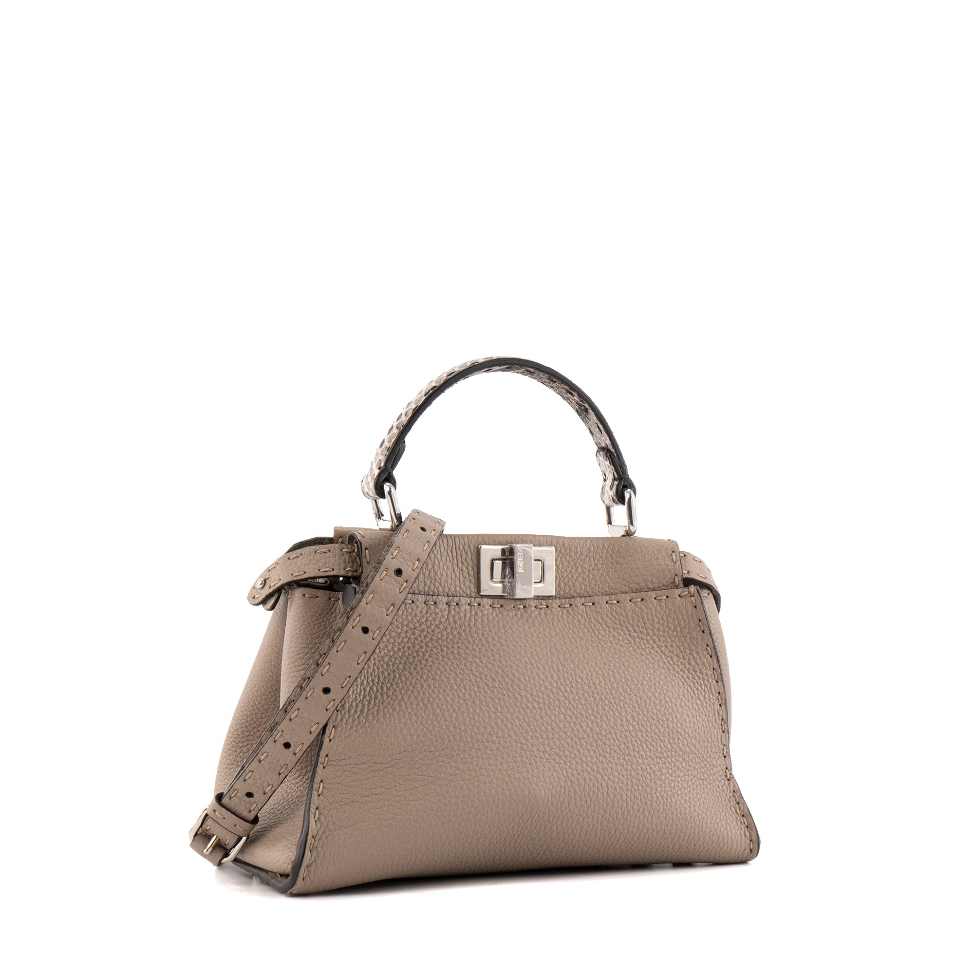 FENDI - Sac à bandoulière Peekaboo mini Fendi en cuir grainé taupe et anse en python