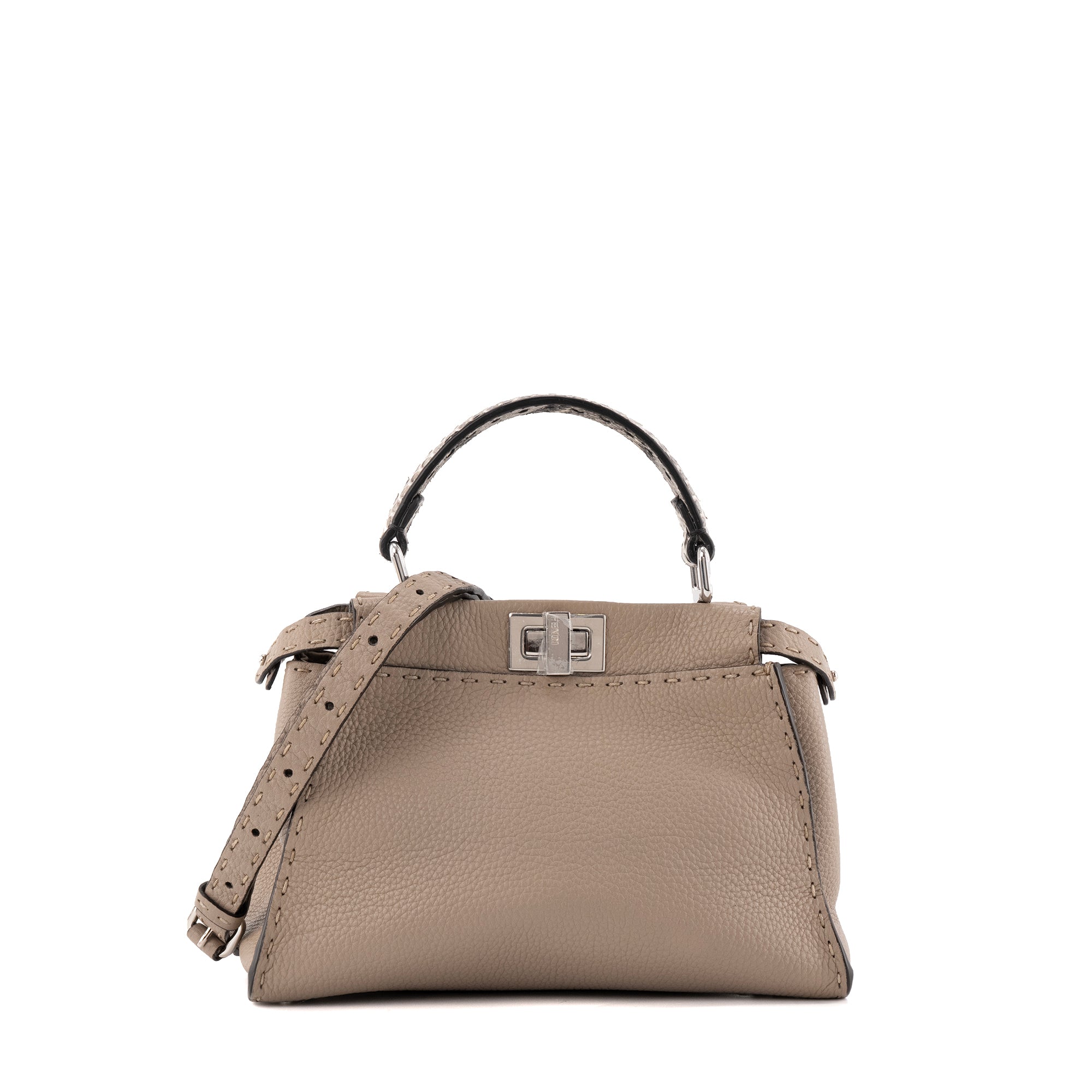 FENDI - Sac à bandoulière Peekaboo mini Fendi en cuir grainé taupe et anse en python
