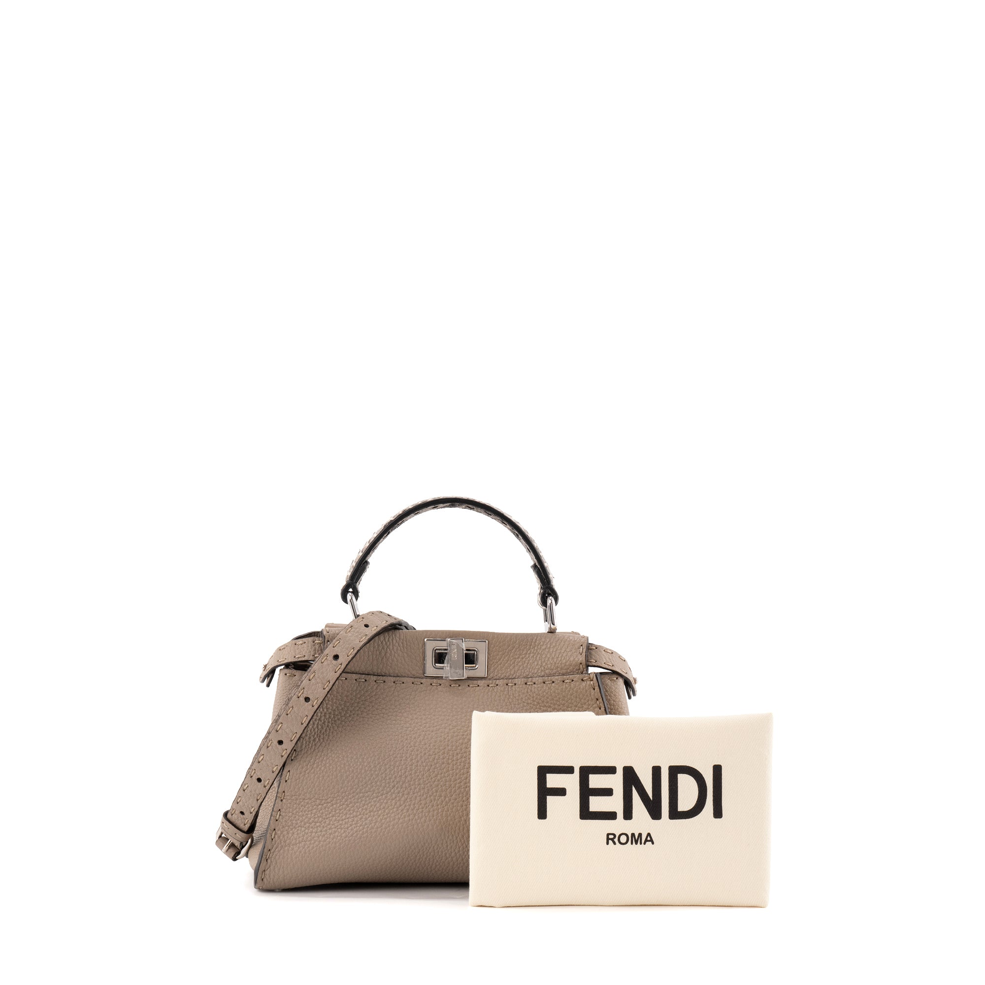 FENDI - Sac à bandoulière Peekaboo mini Fendi en cuir grainé taupe et anse en python