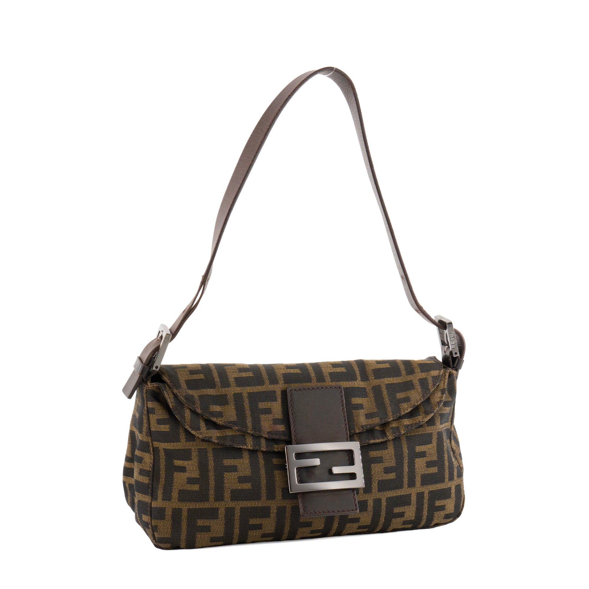 FENDI - Sac à épaule Baguette Fendi en toile jacquard FF zucca marron et noire vintage