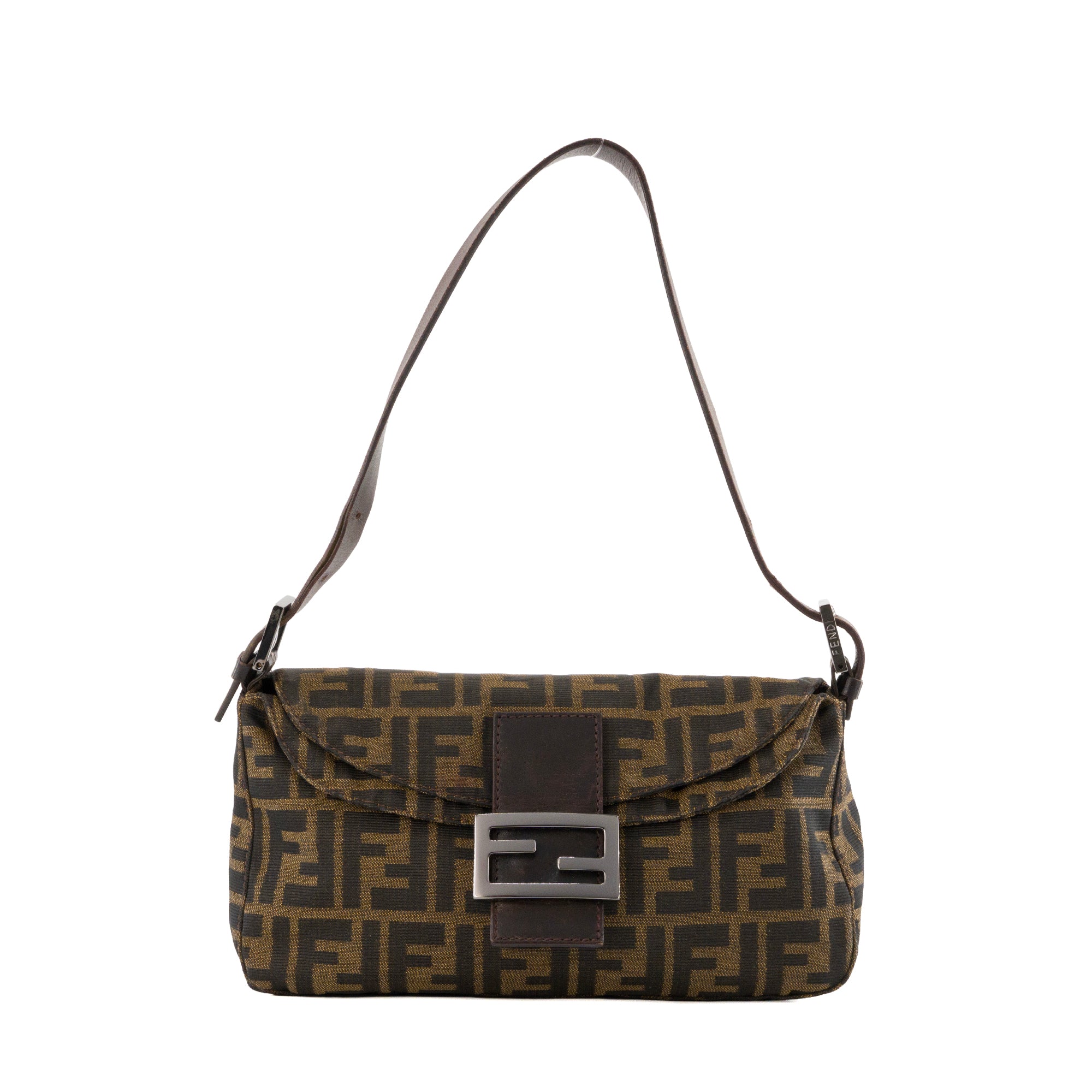 FENDI - Sac à épaule Baguette Fendi en toile jacquard FF zucca marron et noire vintage