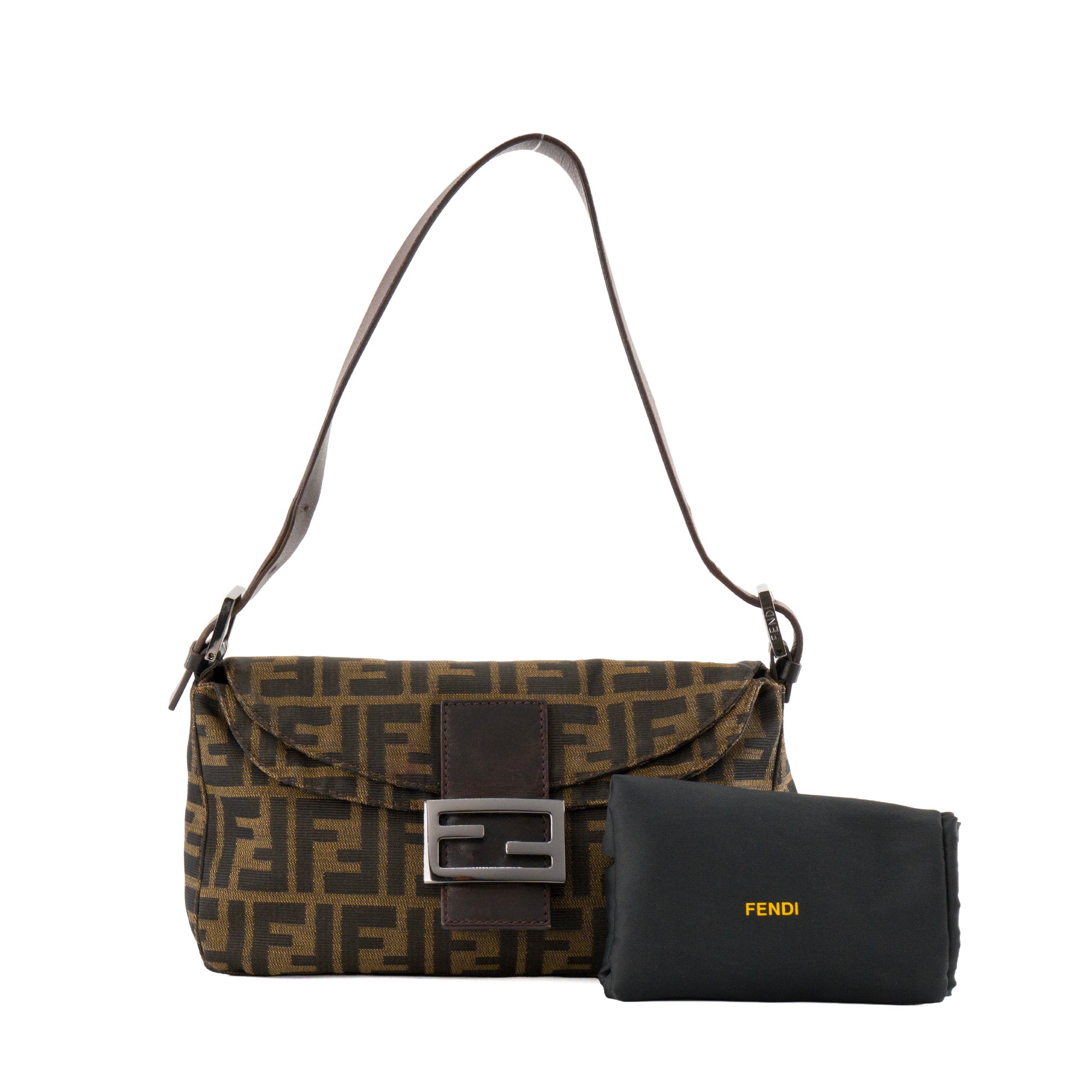 FENDI - Sac à épaule Baguette Fendi en toile jacquard FF zucca marron et noire vintage
