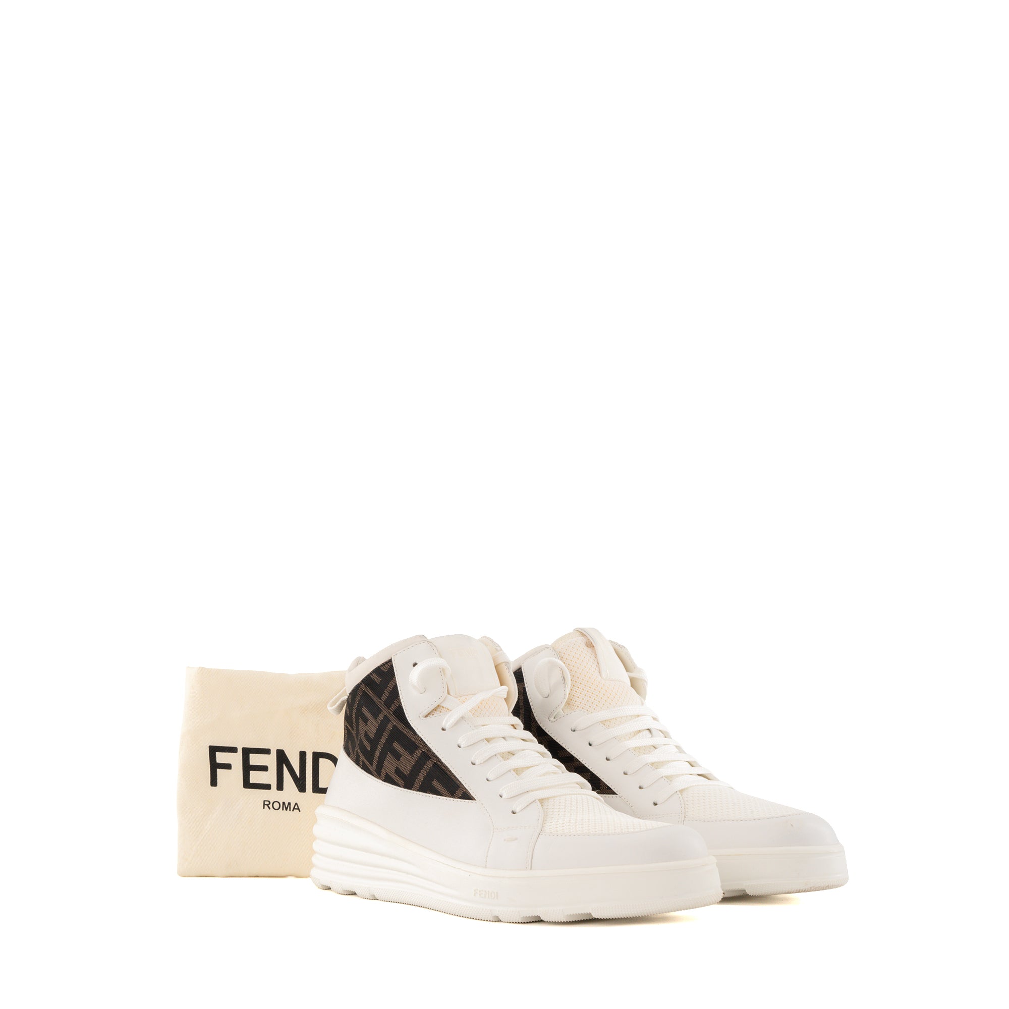 FENDI - Sneakers montantes Fendi en cuir blanc et toile monogrammée (T41)