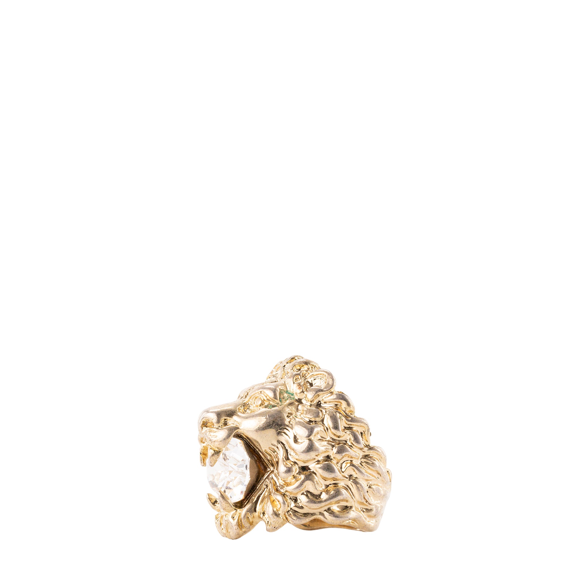 GUCCI - Bague Tête de Lion Gucci en métal doré et cristal blanc (T59)