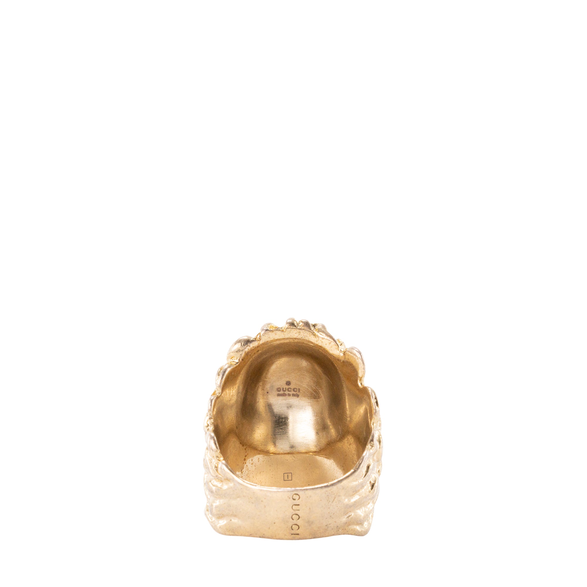 GUCCI - Bague Tête de Lion Gucci en métal doré et cristal blanc (T59)