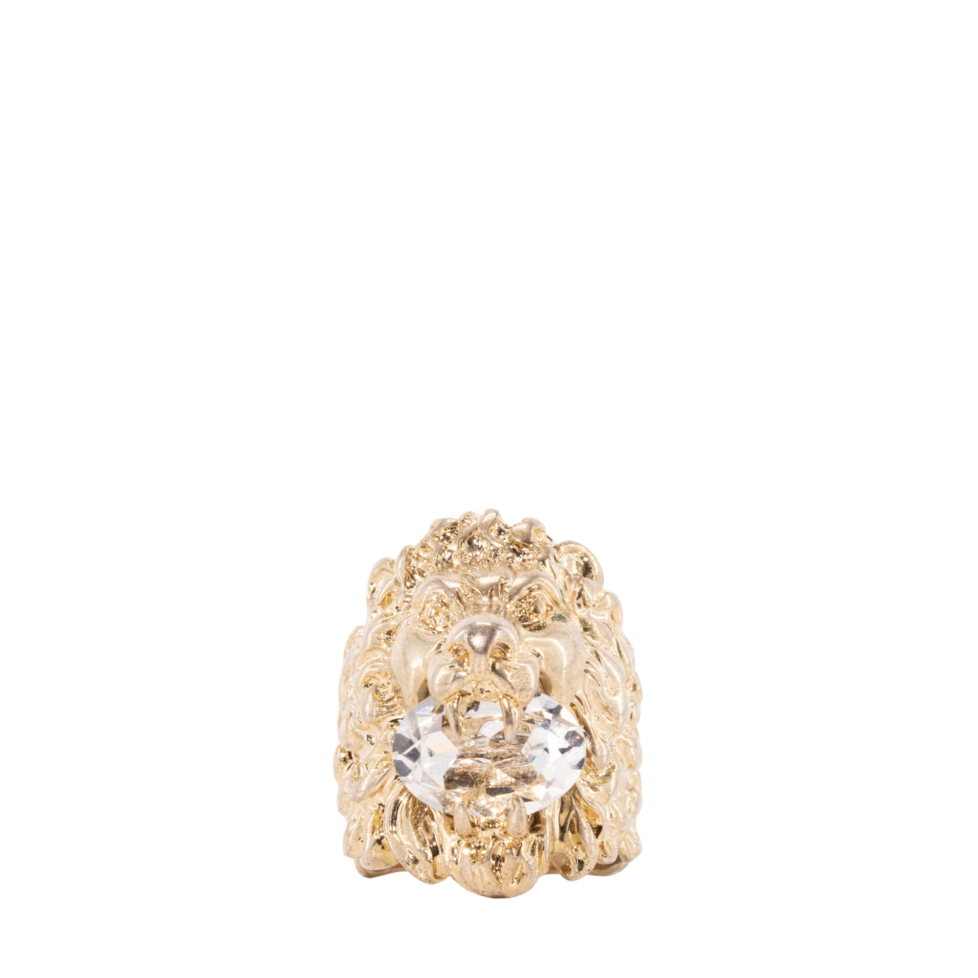 GUCCI - Bague Tête de Lion Gucci en métal doré et cristal blanc (T59)