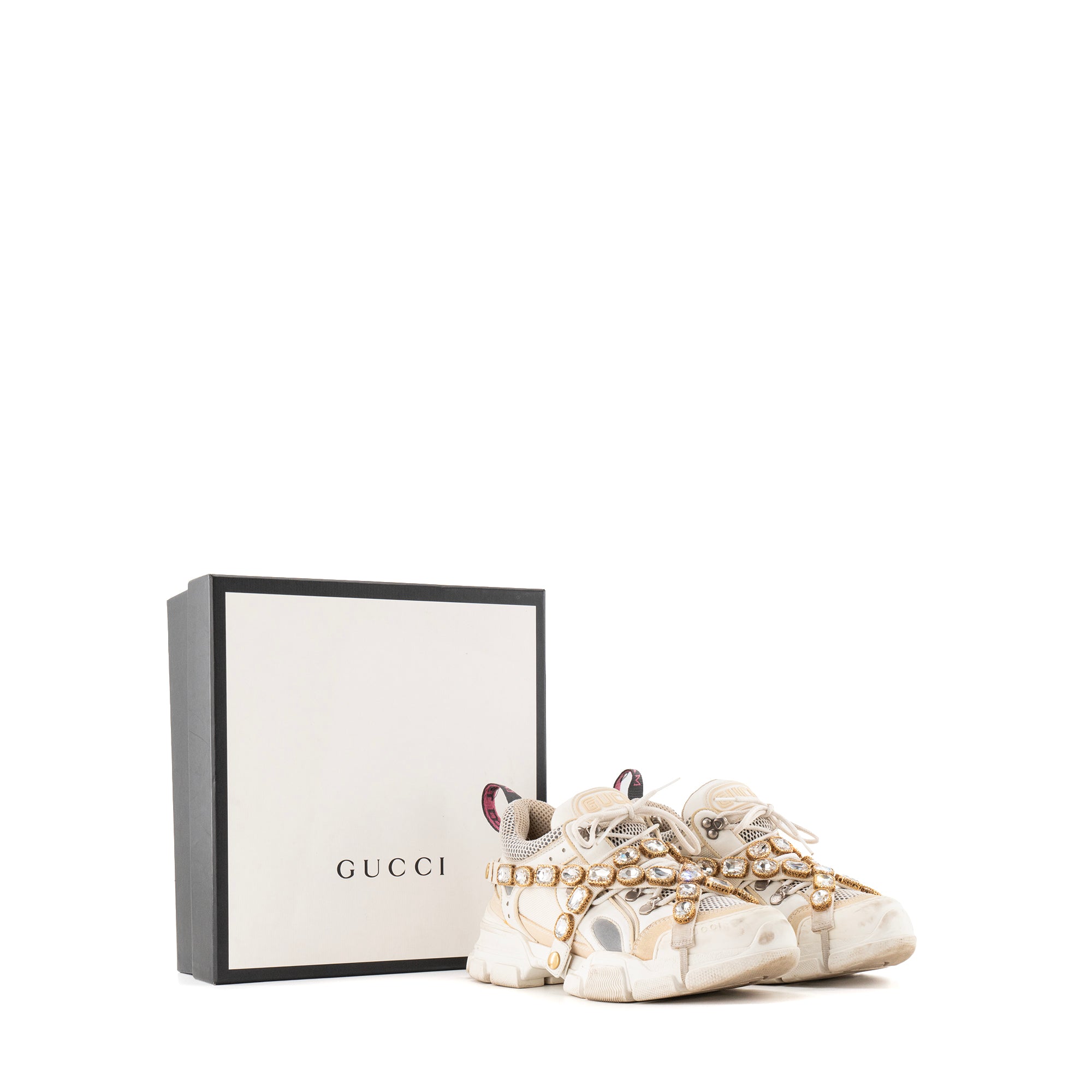 GUCCI - Basket Flashtrek à strass Gucci en cuir écru (T39)