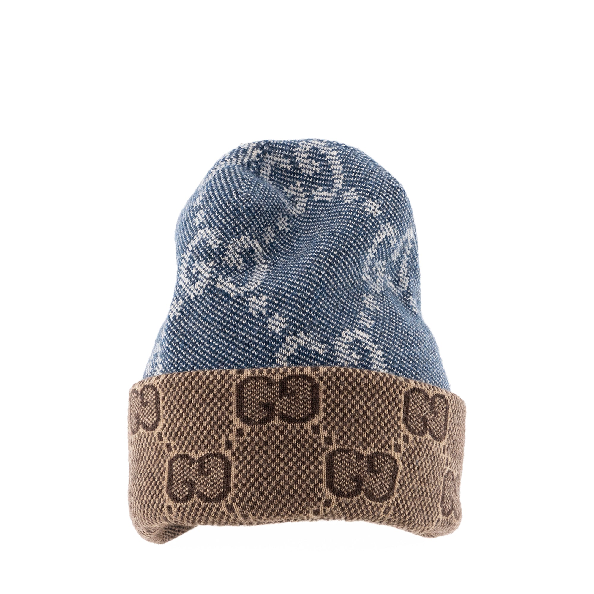 GUCCI - Bonnet GG Gucci en laine bleu et marron (L)