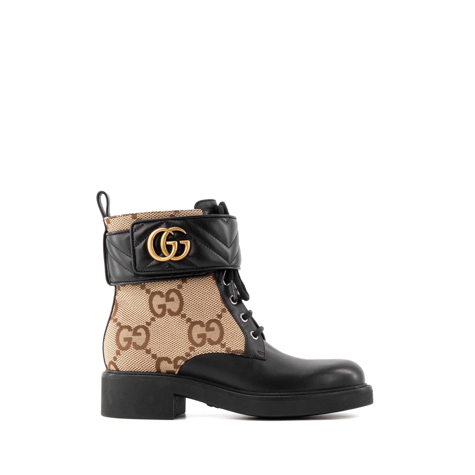 GUCCI - Gucci GG Marmont ankle boots in brown monogram canvas and smooth black leather (Size 37.5)
