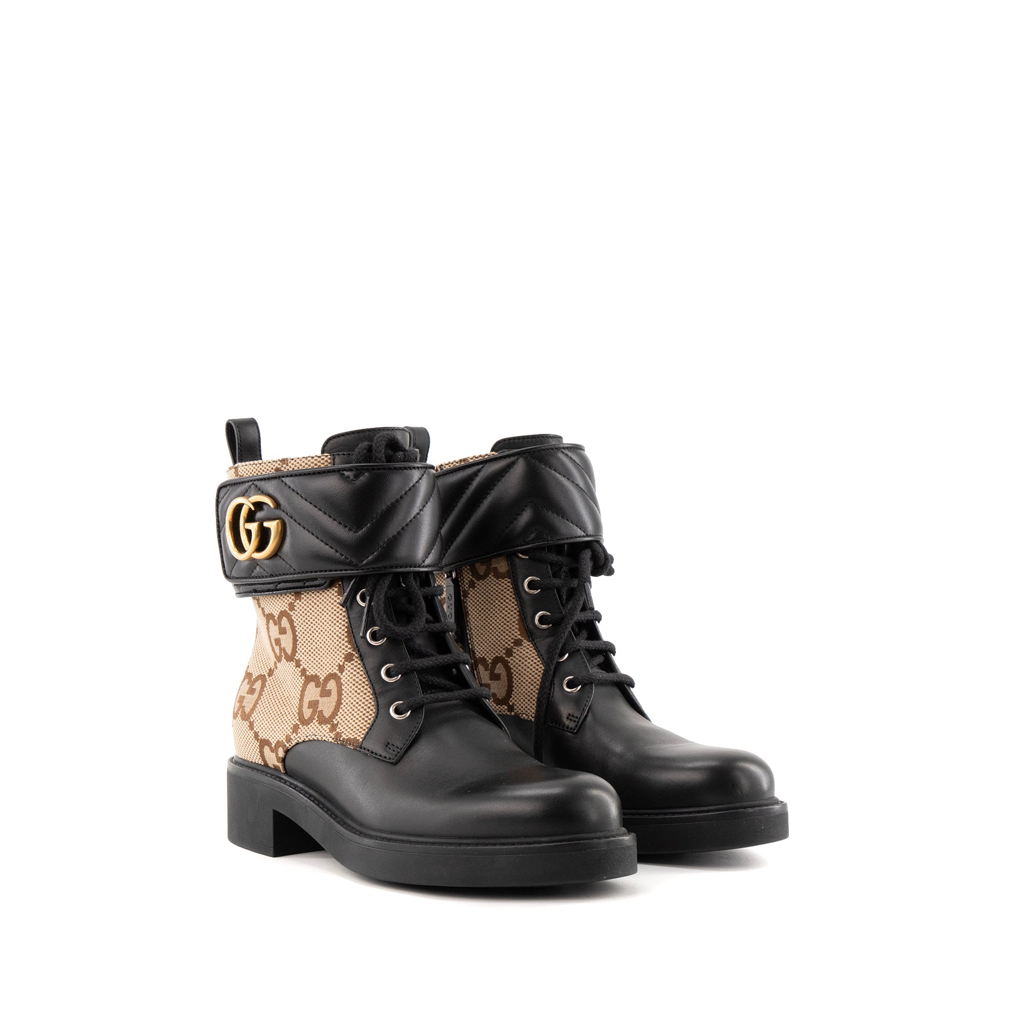GUCCI - Gucci GG Marmont ankle boots in brown monogram canvas and smooth black leather (Size 37.5)