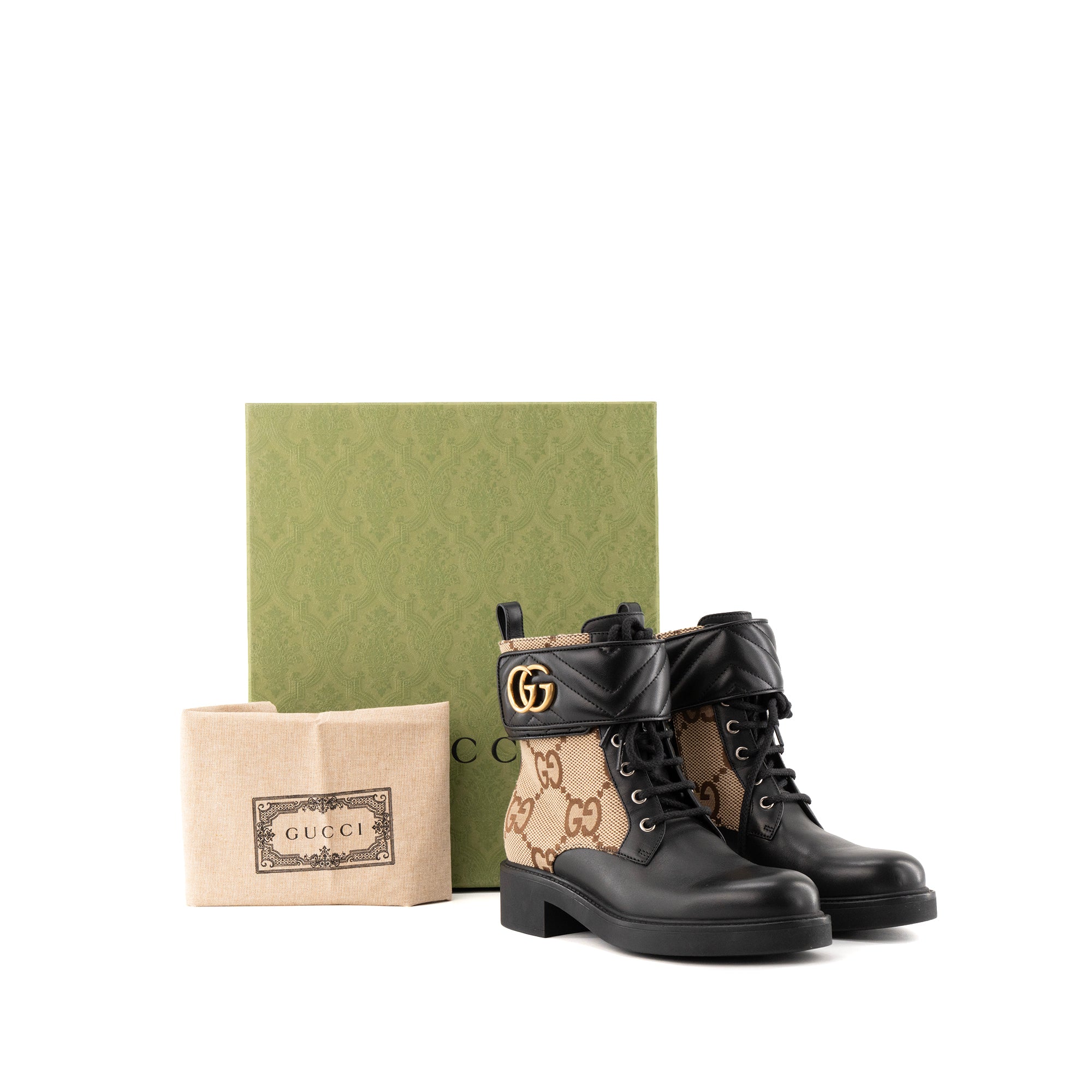 GUCCI - Gucci GG Marmont ankle boots in brown monogram canvas and smooth black leather (Size 37.5)