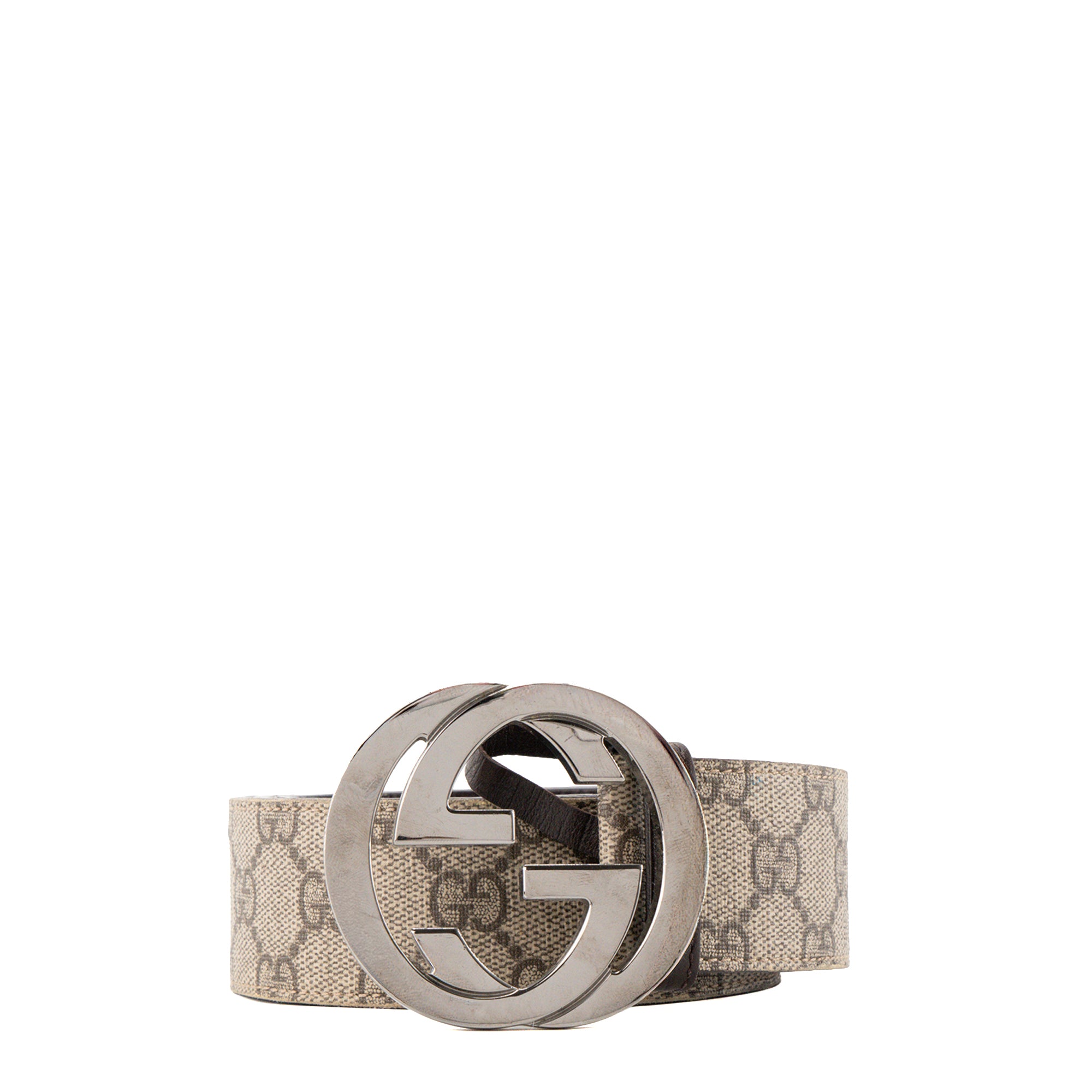 GUCCI - Ceinture Interlocking Gucci en toile enduite monogrammée marron (T90)