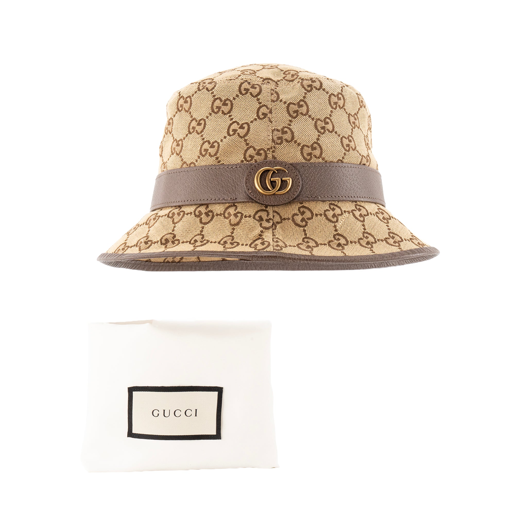 GUCCI - Chapeau Fedora Gucci en toile monogrammée beige et cuir grainé marron (M)