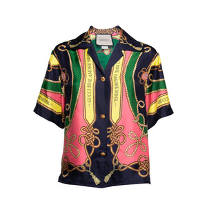 GUCCI - Chemise Gucci en soie bleu marine et motifs colorés (T44)