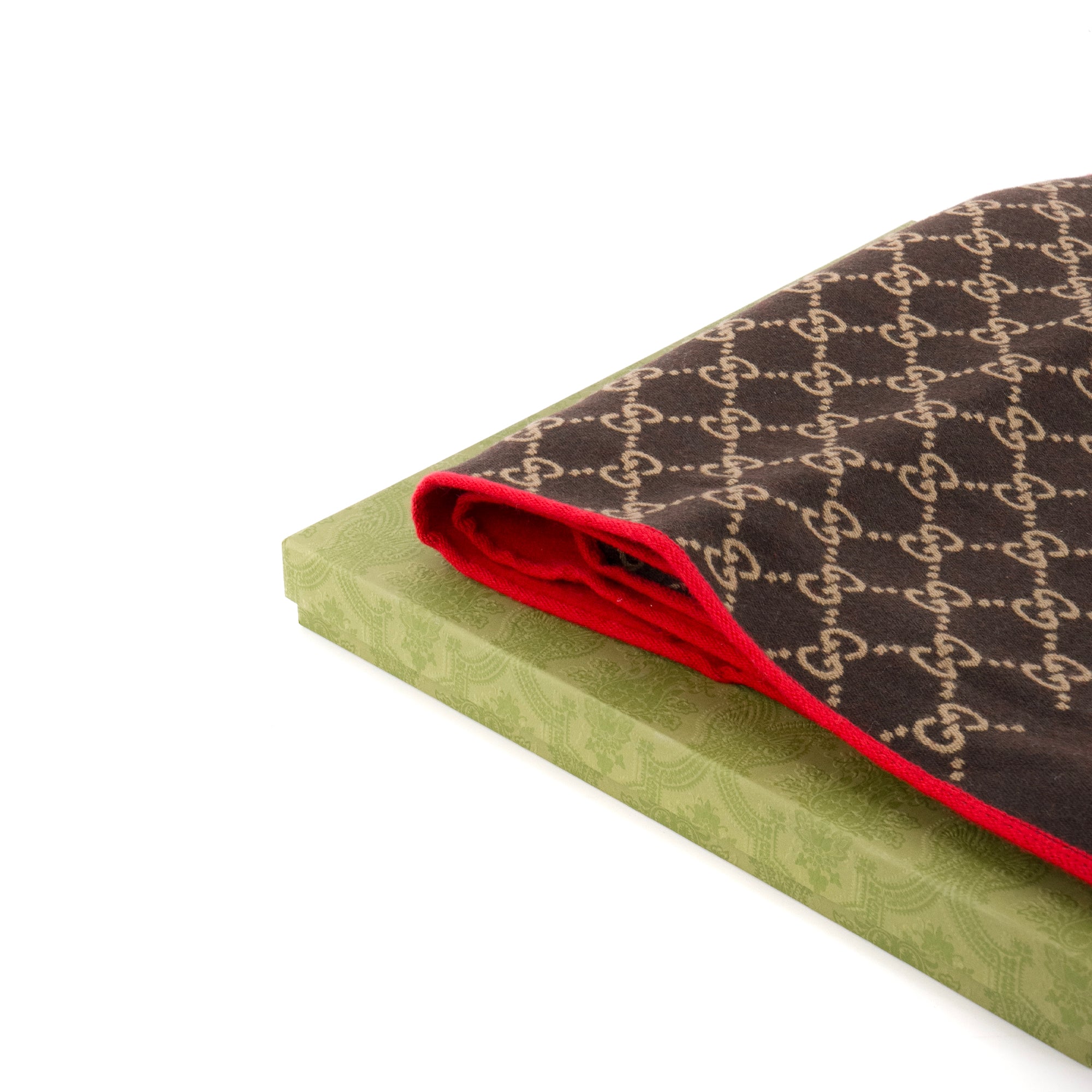 GUCCI - Écharpe réversible Gucci en laine monogrammée marron et rouge