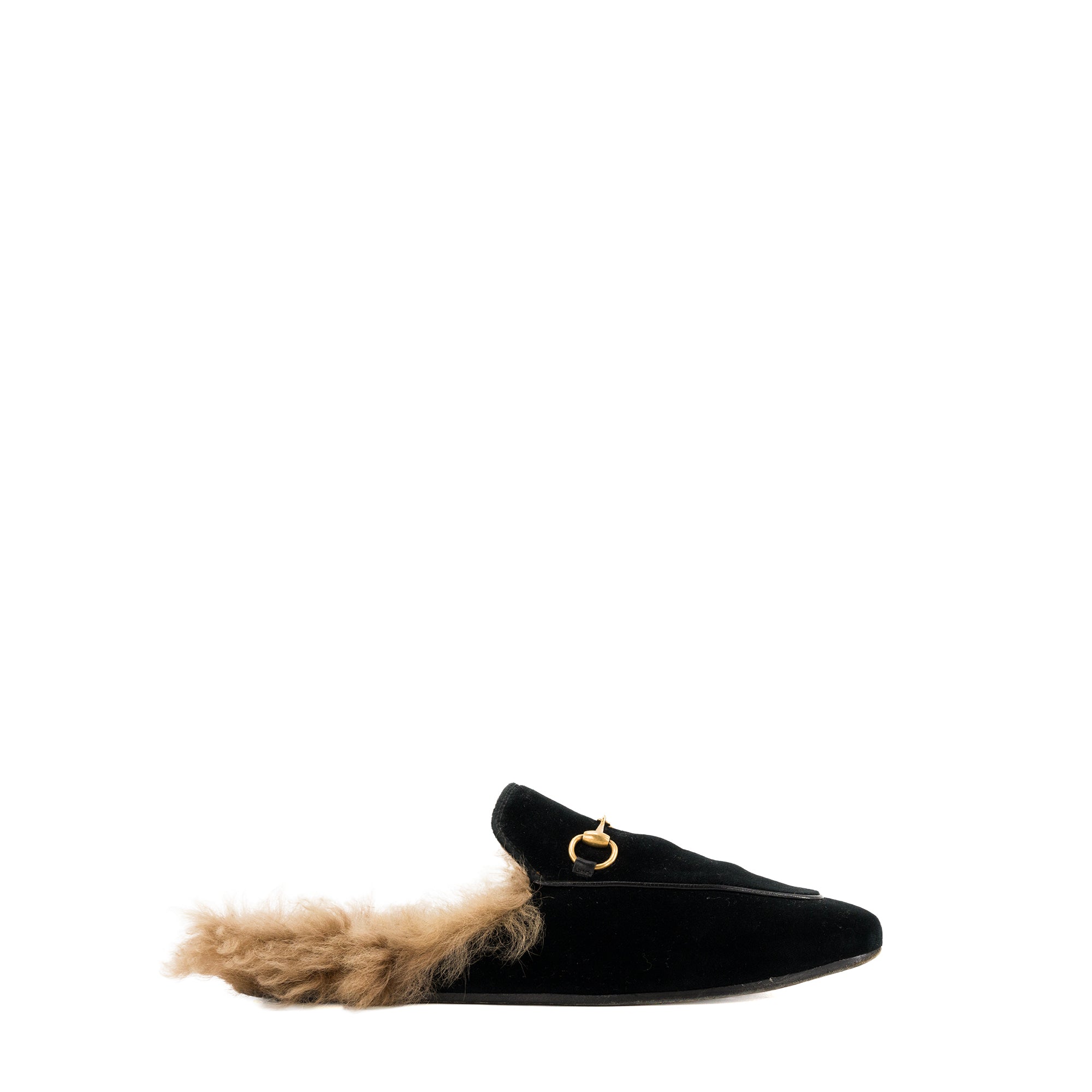 GUCCI - Mules Princetown Gucci en velours noir et fourrure beige (T38)