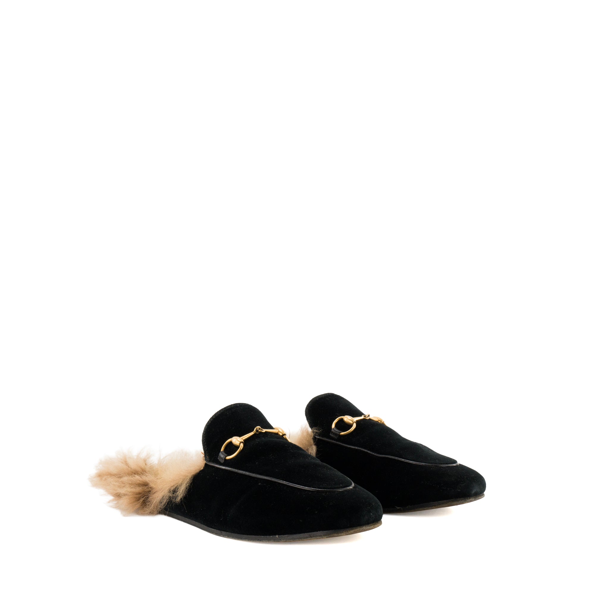 GUCCI - Mules Princetown Gucci en velours noir et fourrure beige (T38)
