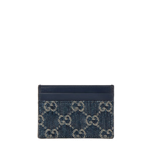 GUCCI - Porte-cartes monogrammé Gucci en denim et cuir bleu