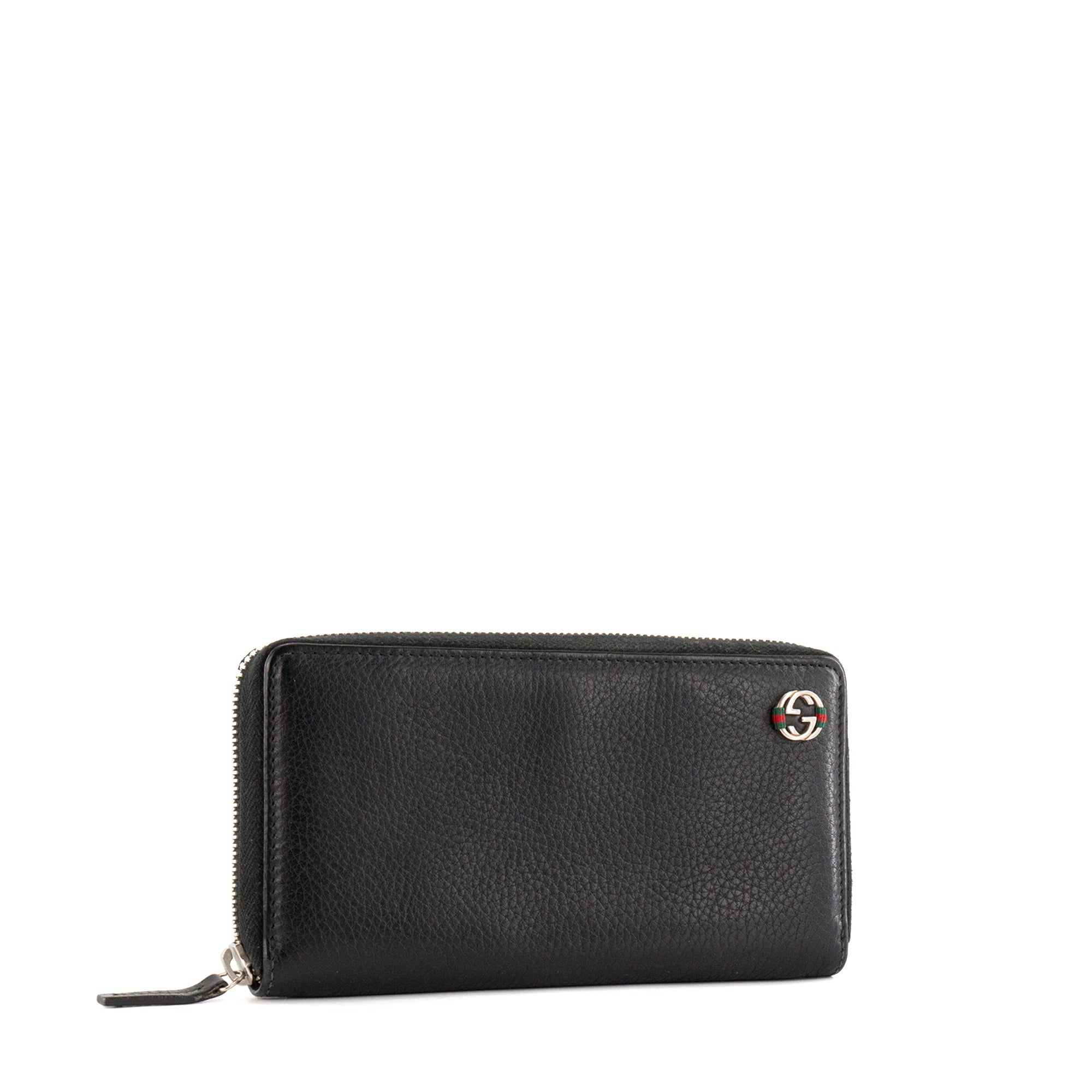 GUCCI - Black Grained Leather GG Gucci Zip-Around Wallet