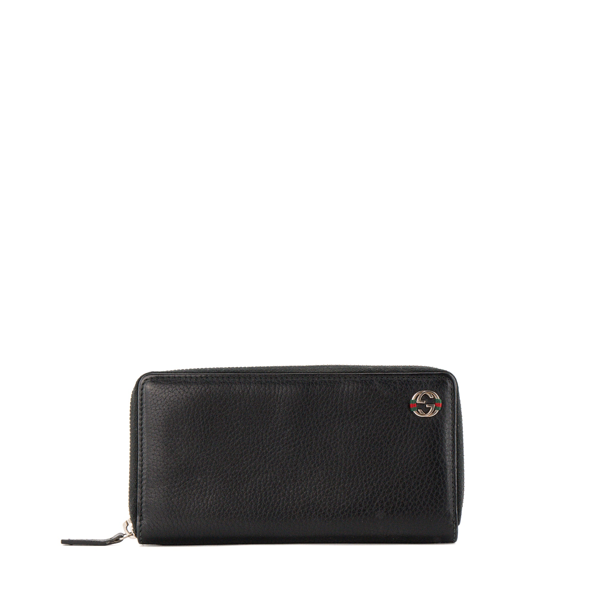 GUCCI - Black Grained Leather GG Gucci Zip-Around Wallet