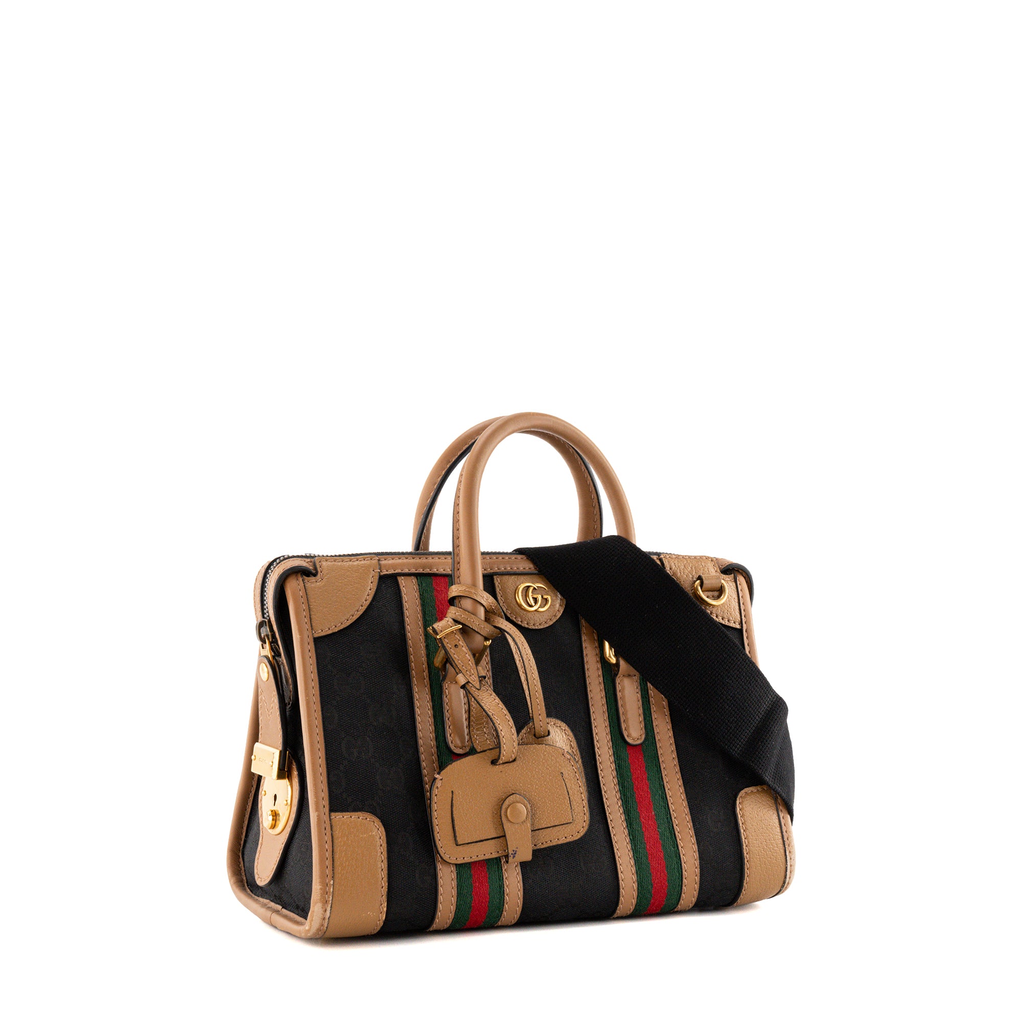 GUCCI - Sac à bandoulière Bauletto Gucci en toile monogrammée noire et cuir marron