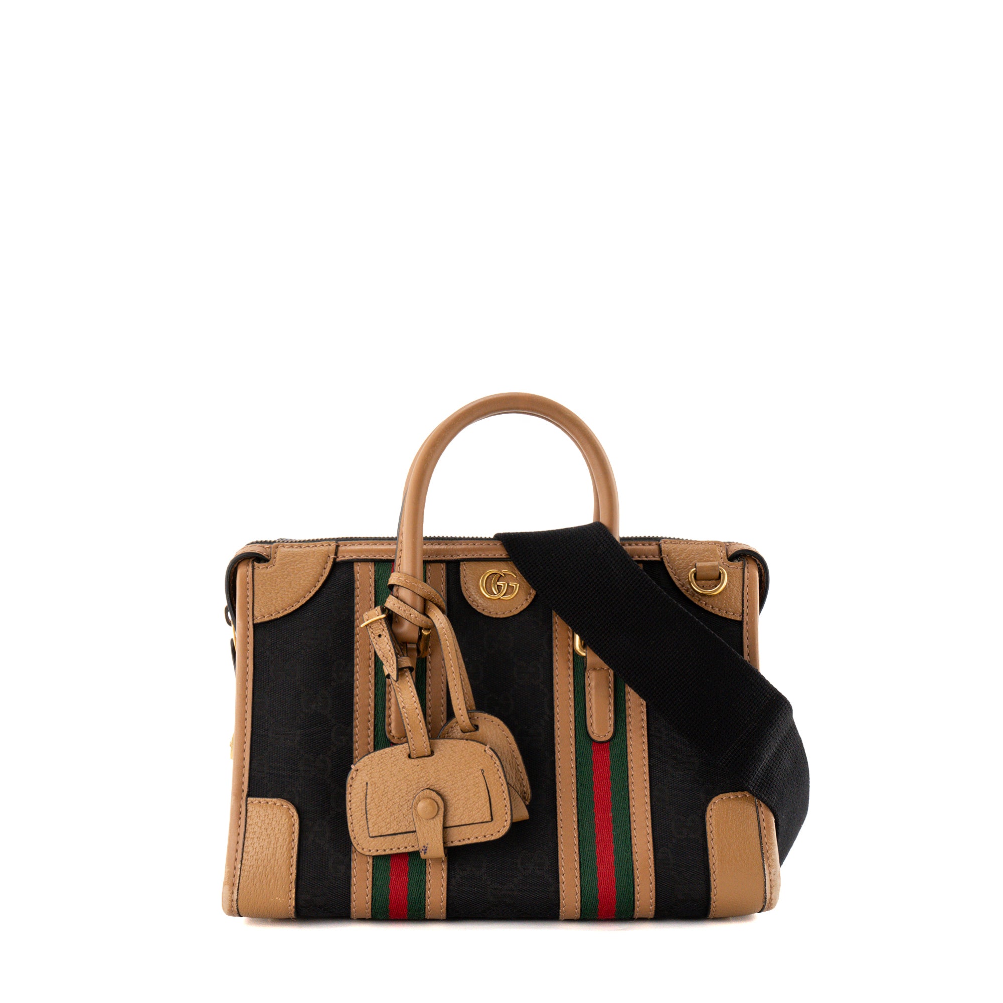GUCCI - Sac à bandoulière Bauletto Gucci en toile monogrammée noire et cuir marron