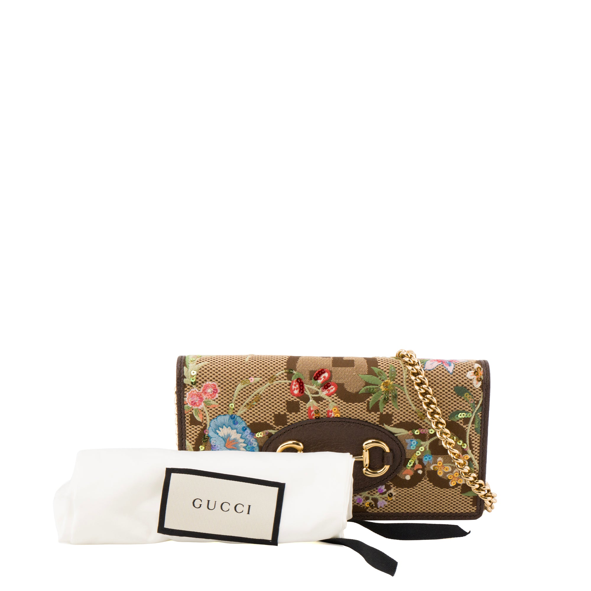 GUCCI - Sac à bandoulière Horsebit Gucci en toile marron et broderies sequins multicolores